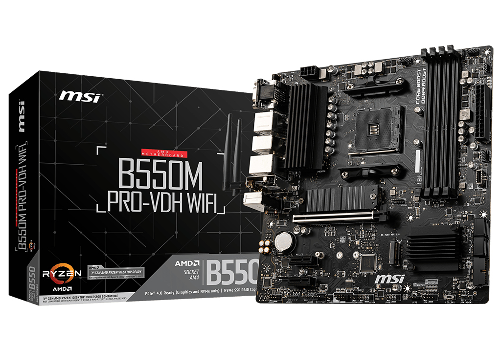 MSI B550M PRO-VDH WIFI, AMD, Sockel AM4, 3rd Generation AMD Ryzen™ 3, 3rd Generation AMD Ryzen 5, 3rd Generation AMD Ryzen™ 7, 3rd..., Sockel AM4, DDR4-SDRAM, 128 GB