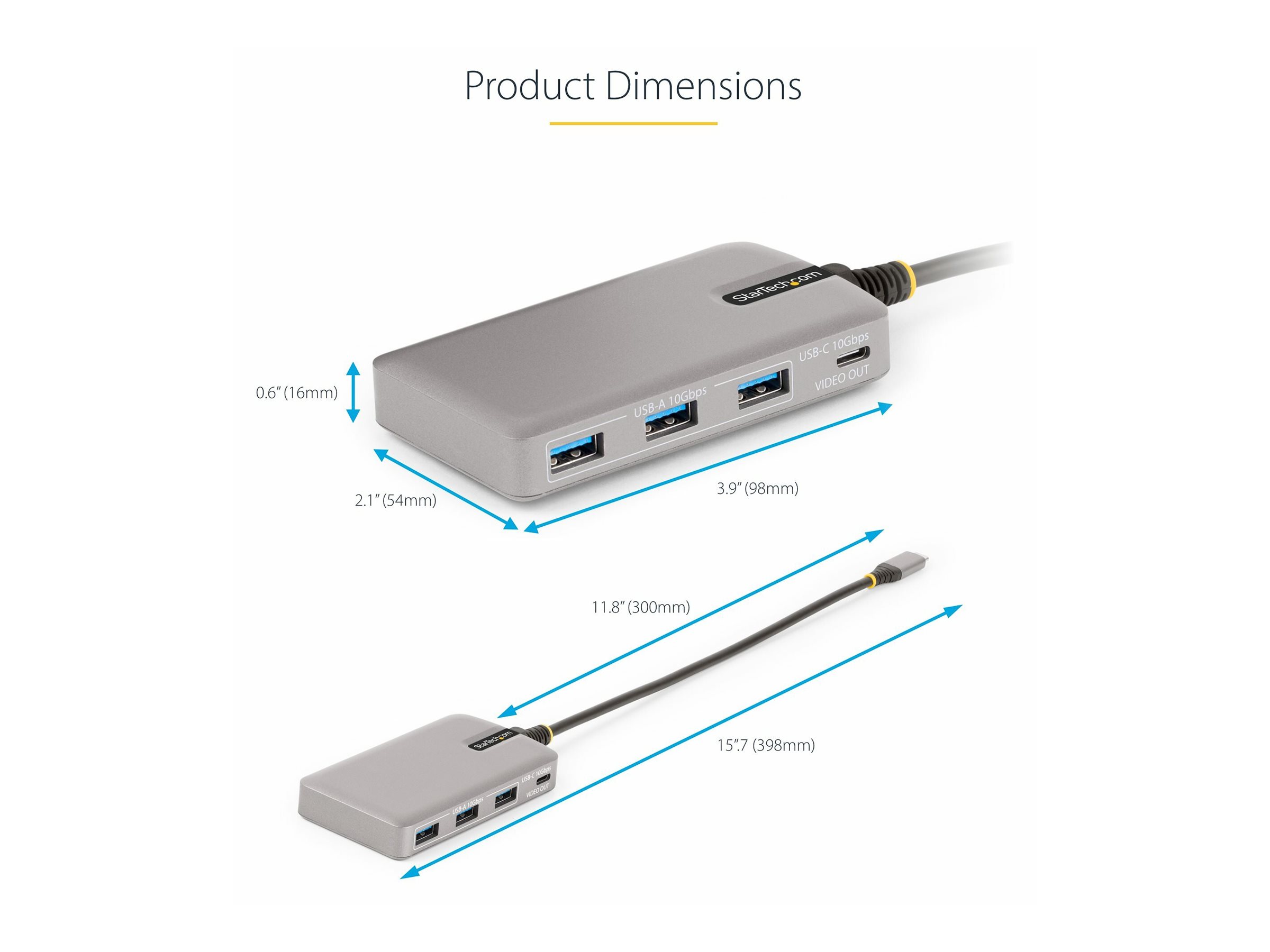 StarTech.com 4-Port USB-C Hub with USB-C DP Alt Mode Video Output 4K 60Hz, 3x USB-A, 1x USB-C, 100W Power Delivery Pass, Ansicht 4