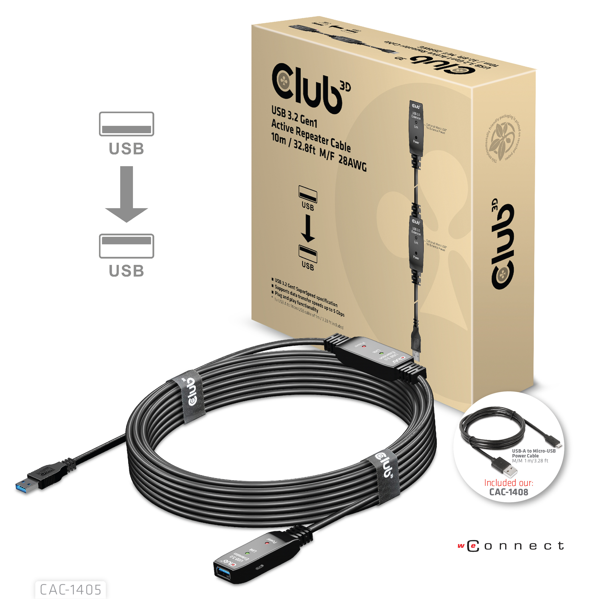 Club 3D USB-Verlängerungskabel - USB Typ A (M) - zu USB Typ A (W) - USB 3.2 Gen 1 - 10 m - aktiv, Ansicht 3