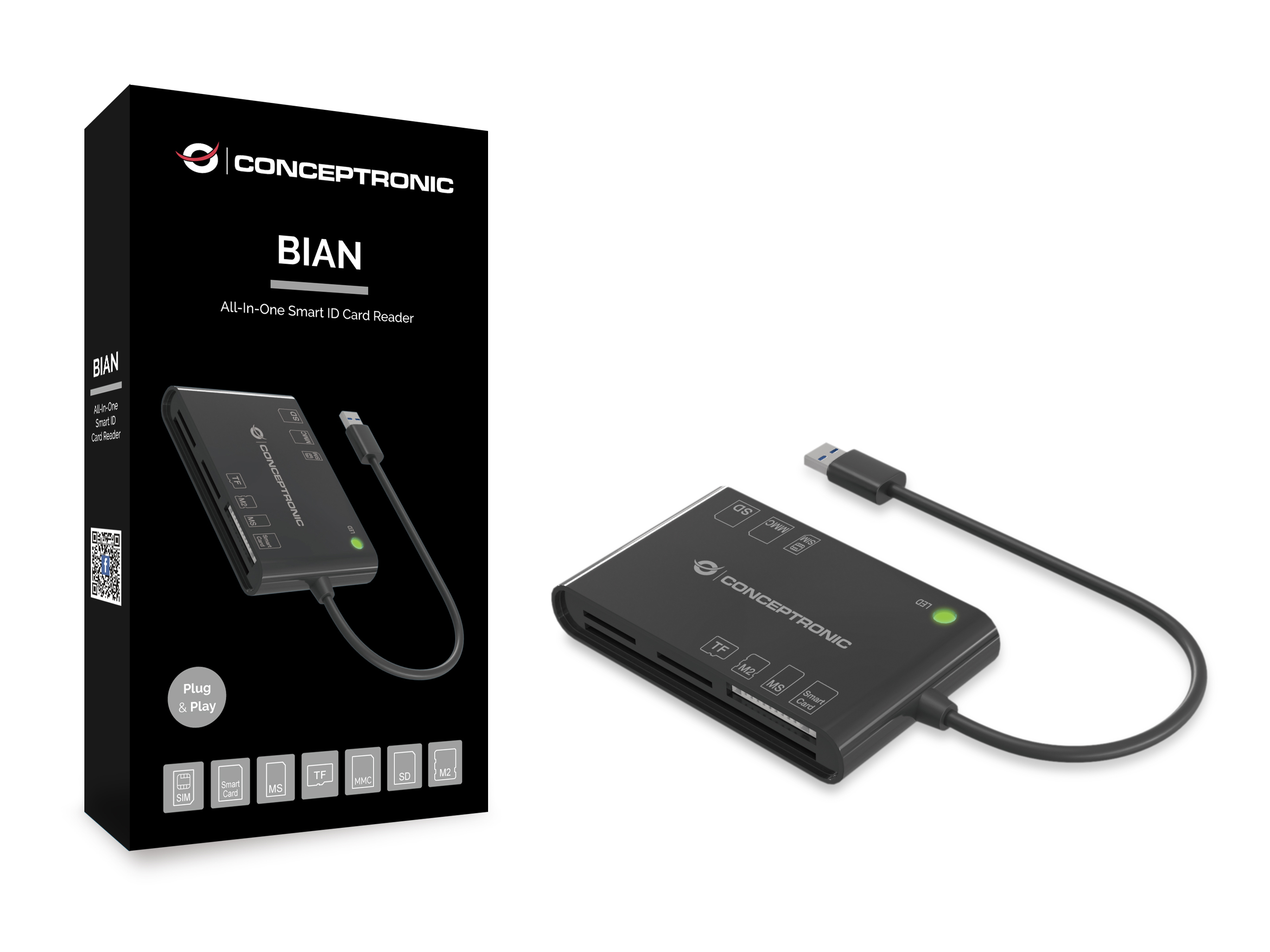 Conceptronic BIAN All-in-One Smart-ID Kartenleser - USB 3.2 Gen 1 (3.1 Gen 1) - Schwarz - 26 g, Ansicht 2