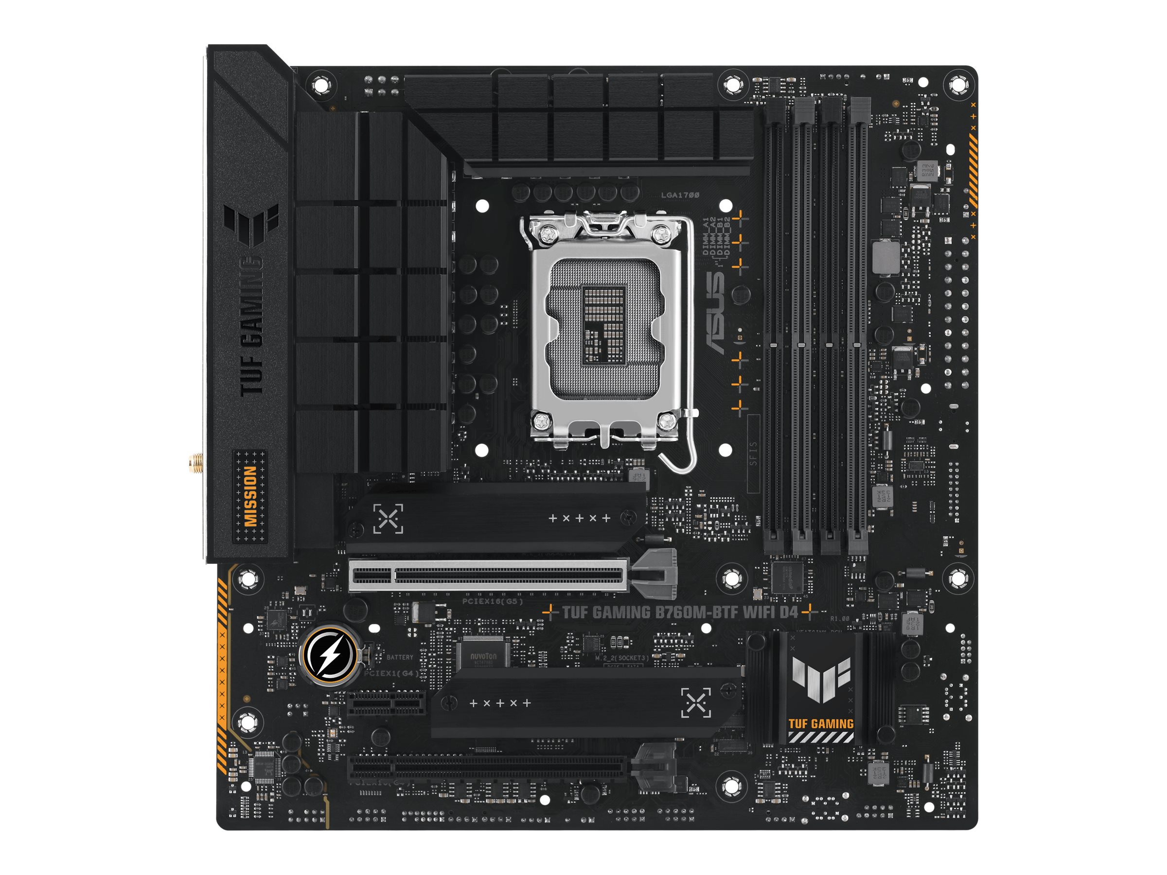 ASUS TUF GAMING B760M-BTF WIFI - Motherboard - micro ATX - LGA1700 Sockel - B760 Chipsatz - USB 3.2 Gen 1, USB 3.2 Gen 2, USB-C 3.2 Gen 2x2, USB-C 3.2 Gen 1 - 2.5 Gigabit LAN, Wi-Fi 6, Bluetooth - Onboard-Grafik (CPU erforderlich)