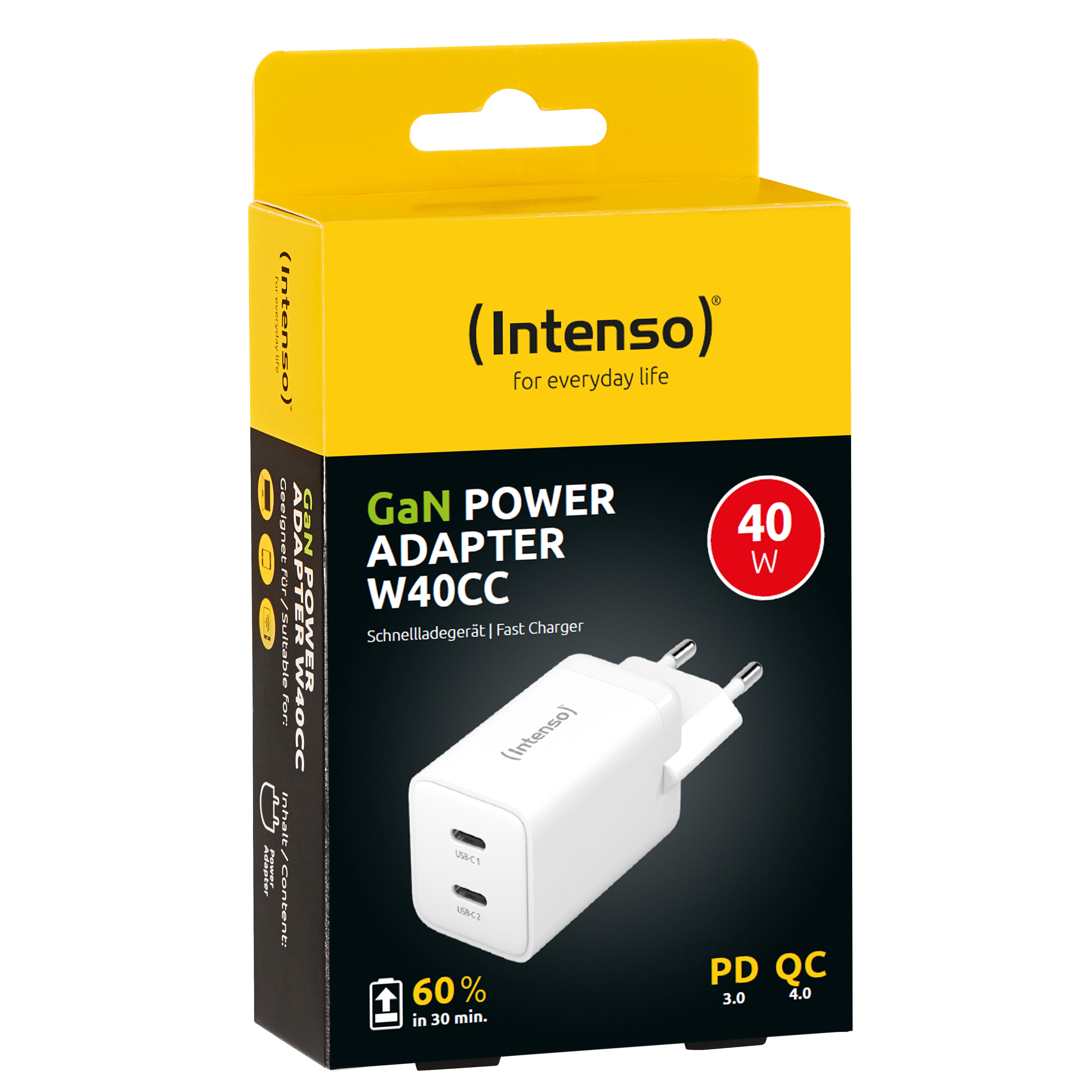 Intenso W40CC - Netzteil - GaN - 40 Watt - 3 A - PD 3.0, PD/PPS, QC 4.0 - 2 Ausgabeanschlussstellen (24 pin USB-C), Ansicht 3
