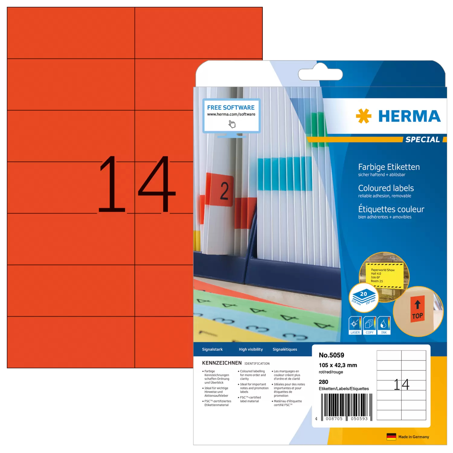 HERMA Special - Papier - matt - permanent selbstklebend - Rot - 105 x 42.3 mm 280 Etikett(en) (20 Bogen x 14), Ansicht 4