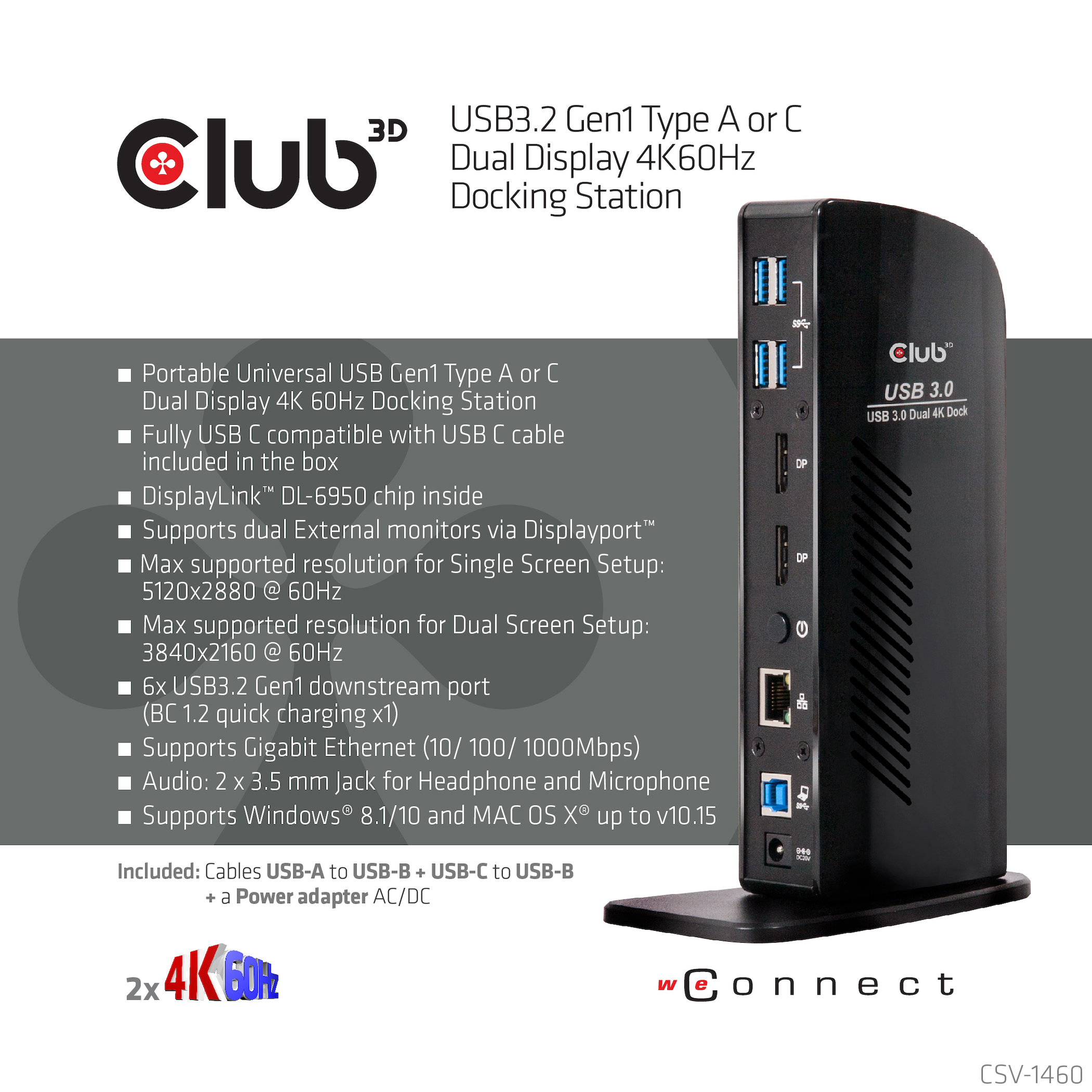 Club 3D SenseVision USB 3.0 Dual Display 4K60Hz Docking Station, Ansicht 4