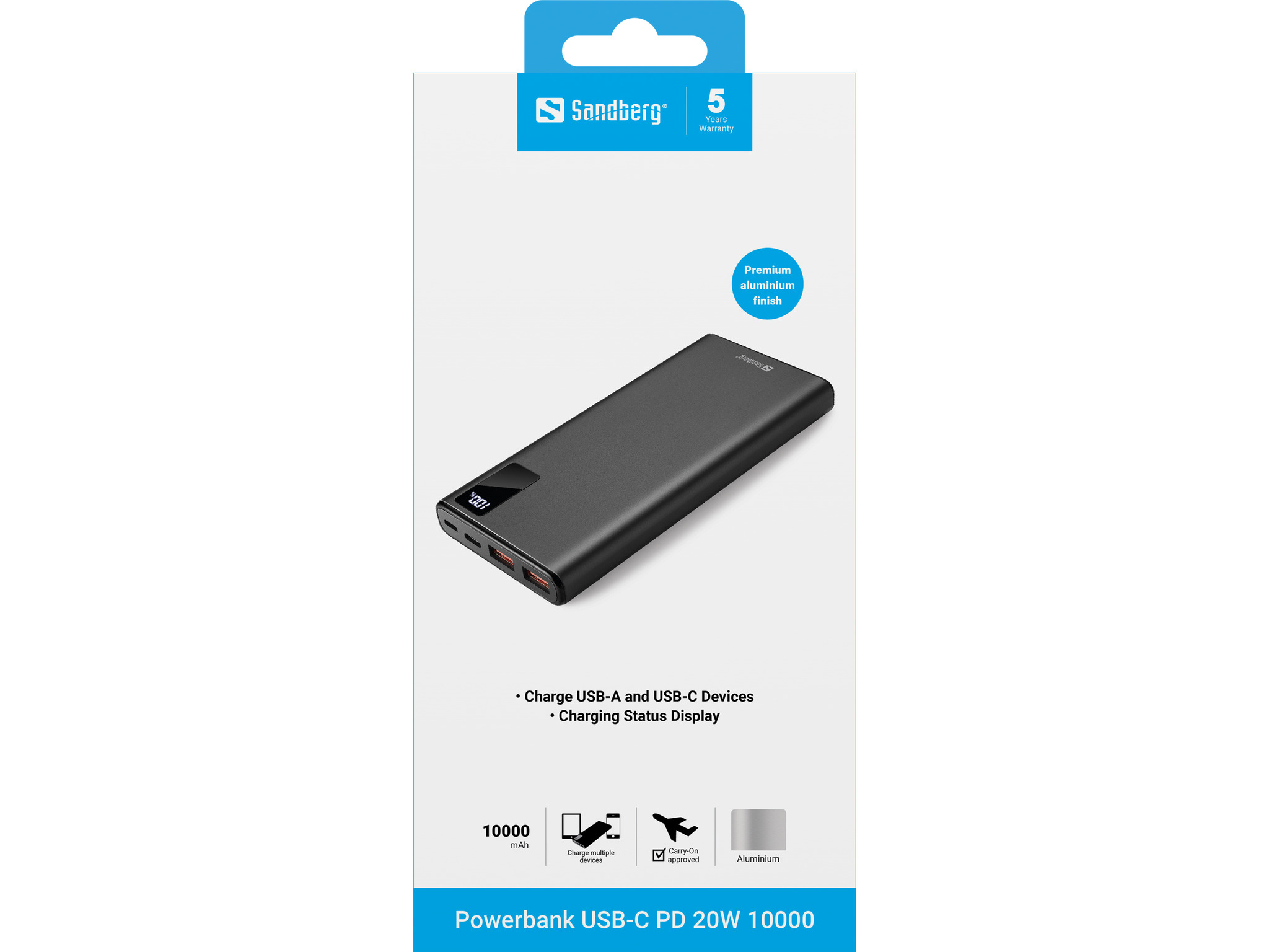 SANDBERG Powerbank - 10000 mAh - 37 Wh - 20 Watt - 3 A - PD, QC 3.0 - 3 Ausgabeanschlussstellen (2 x USB, 24 pin USB-C), Ansicht 3