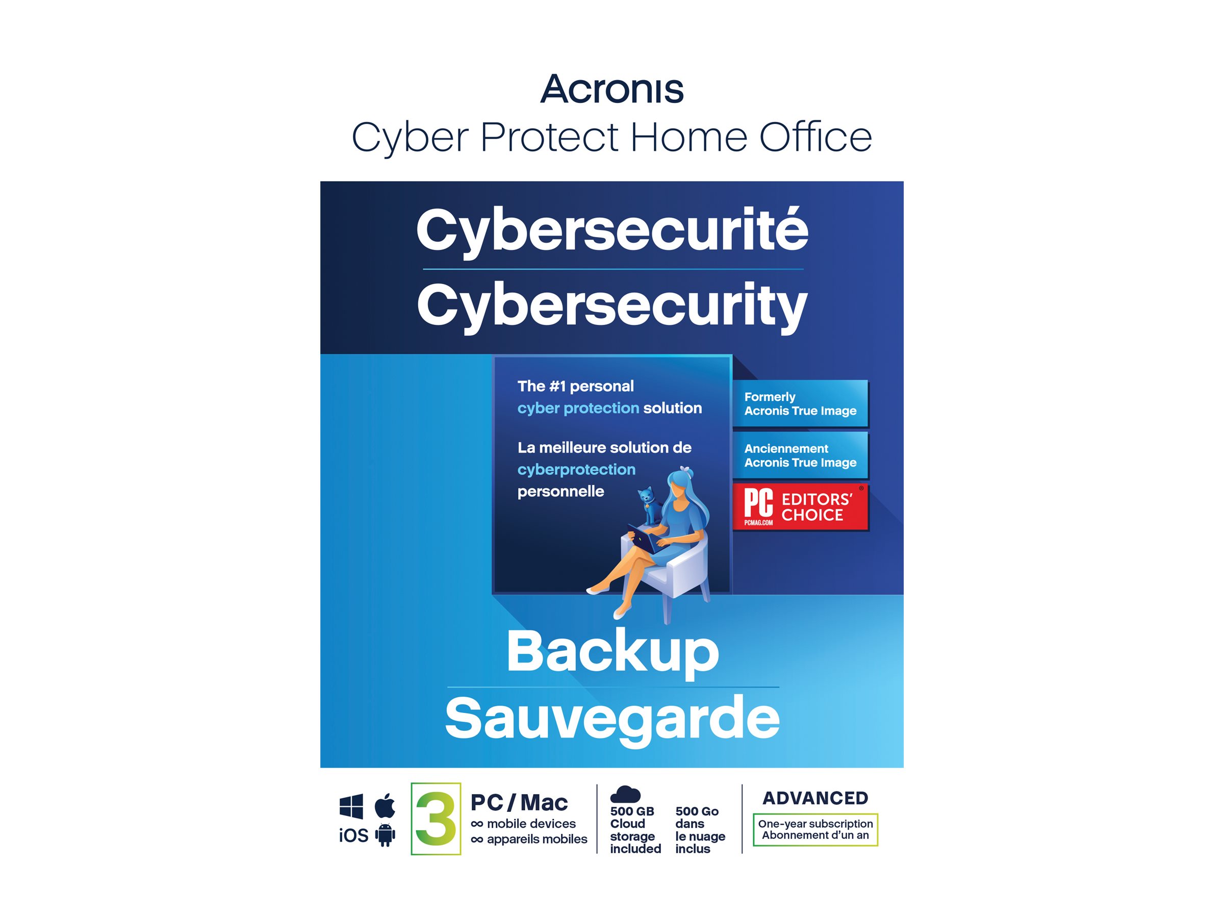 Acronis Cyber Protect Home Office Advanced - Abonnement-Lizenz (1 Jahr) - 3 Computer, 500 GB Cloud-Speicherplatz, unbegrenzte mobile Geräte - Download - Win, Mac, Android, iOS