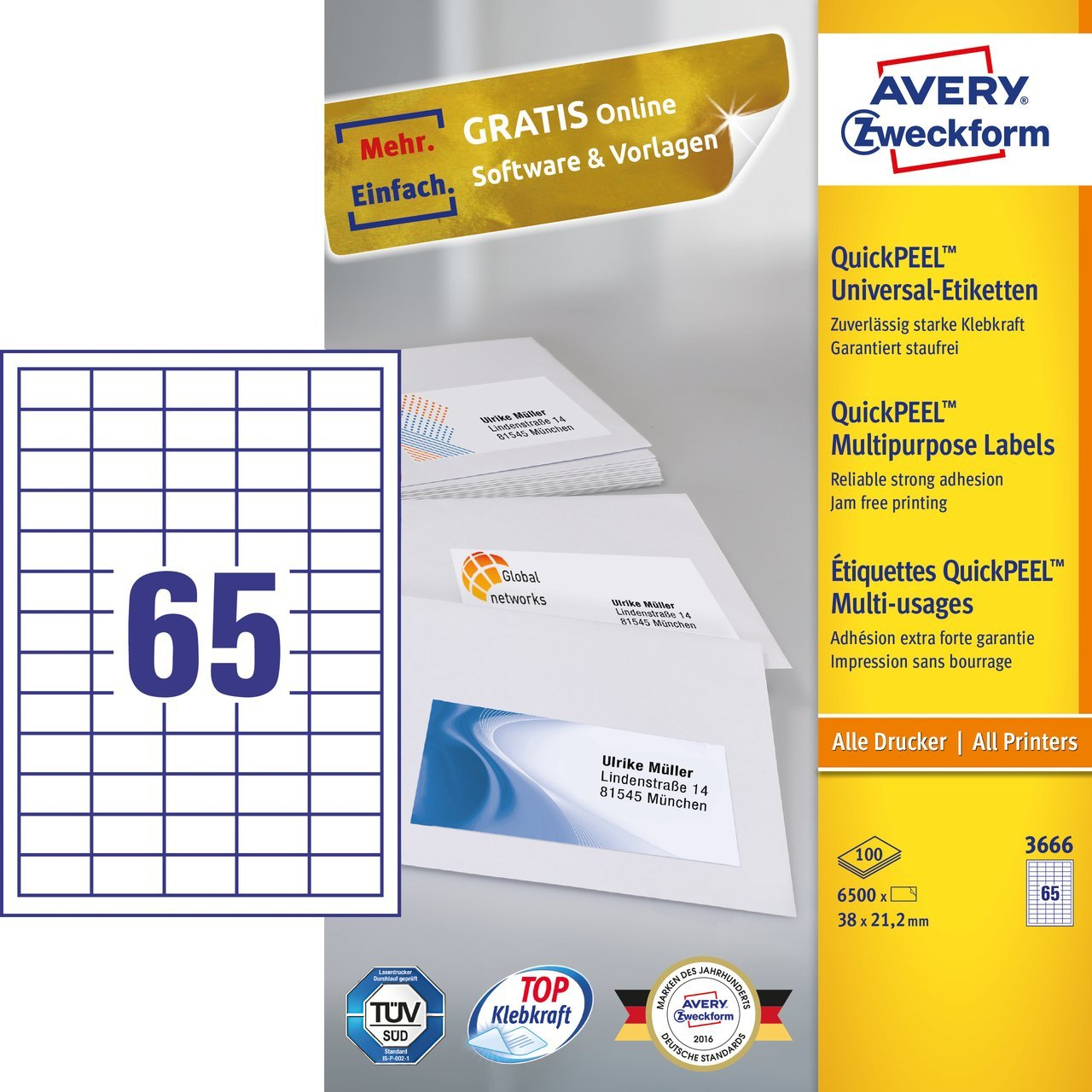 Avery Zweckform Avery - Weiß - 38.1 x 21.2 mm 6500 Etikett(en) (100 Bogen x 65), Ansicht 2