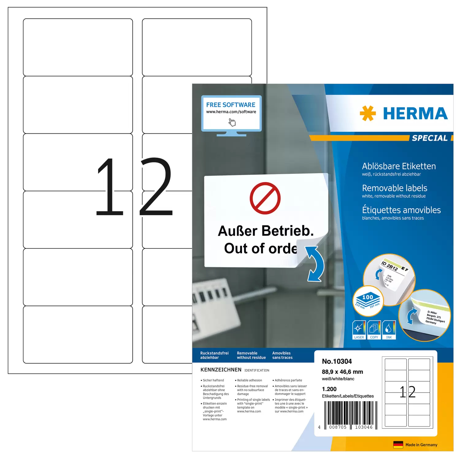 HERMA Special - Papier - matt - selbstklebend, entfernbarer Klebstoff - weiß - 88.9 x 46.6 mm 1200 Etikett(en), Ansicht 4