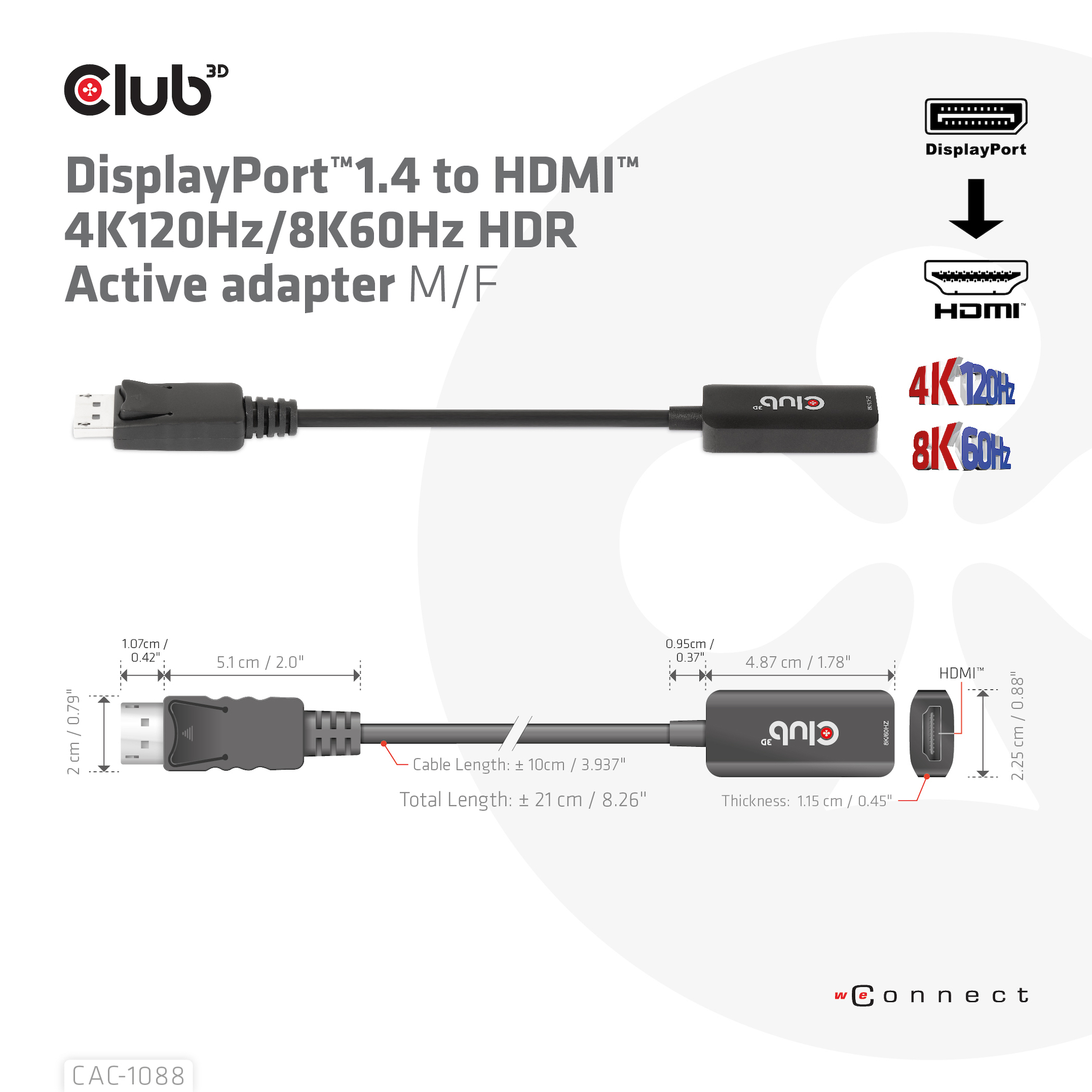 Club 3D Videoadapter - DisplayPort männlich zu HDMI weiblich - 10 cm - aktiv, Support von 4K 120 Hz, unidirektional, Ansicht 4
