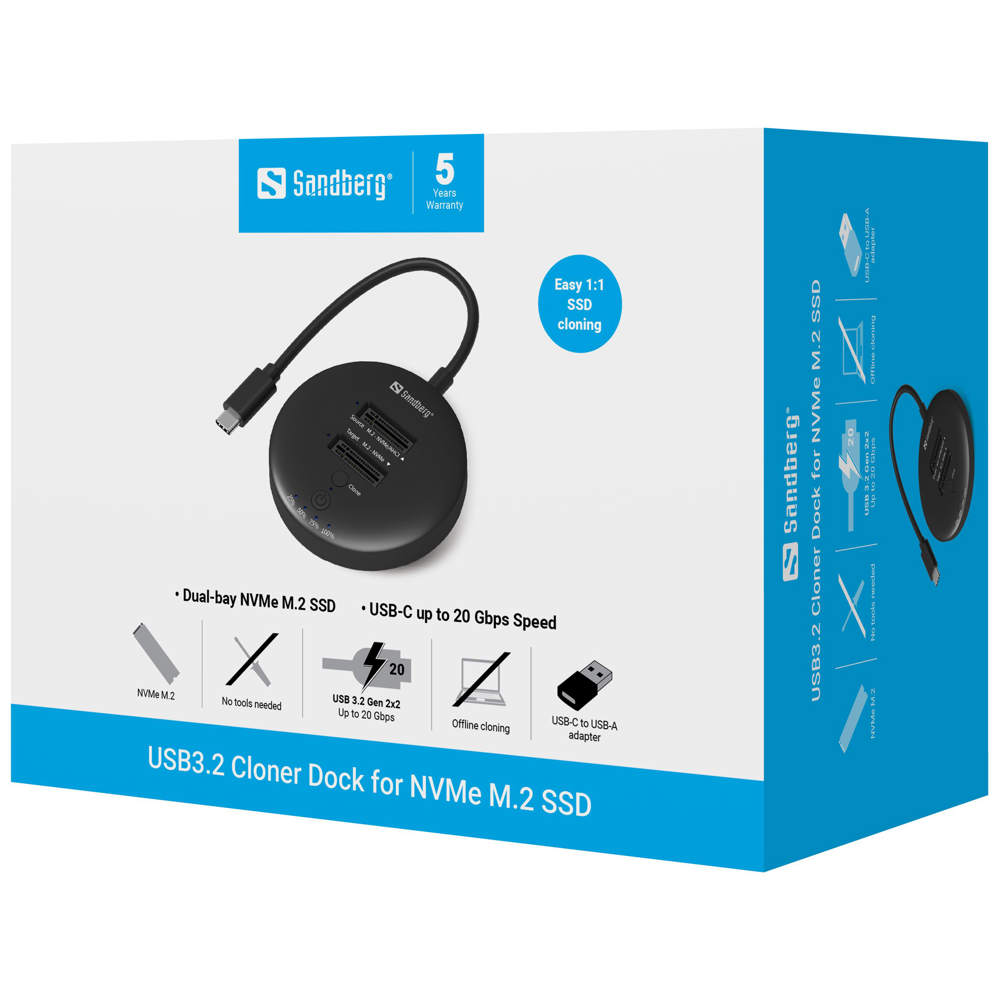 SANDBERG SSD-Dockingstation Schächte: 2 - M.2 - M.2 NVMe Card - USB-C 3.2 (Gen 2), Ansicht 2