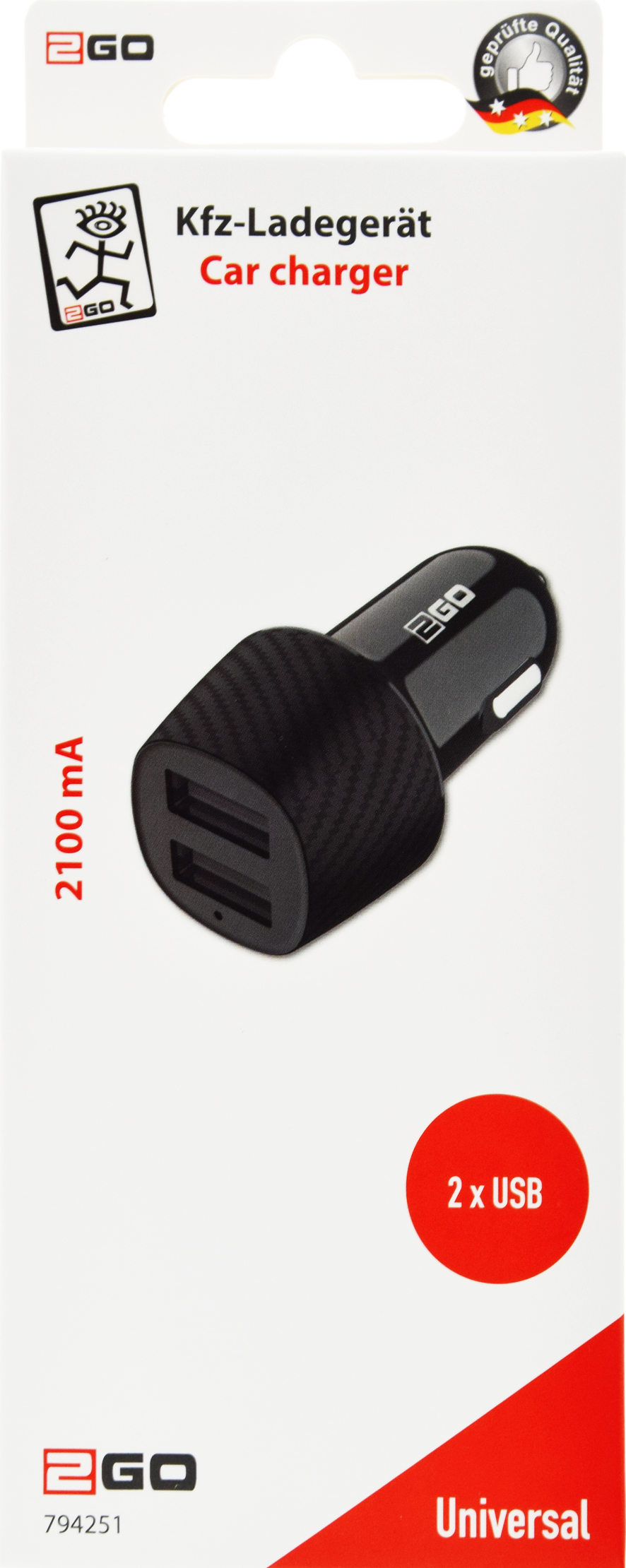 2GO Dual-USB Carcharger 2A - Auto-Netzteil - 2 A - 2 Ausgabeanschlussstellen (USB), Ansicht 2