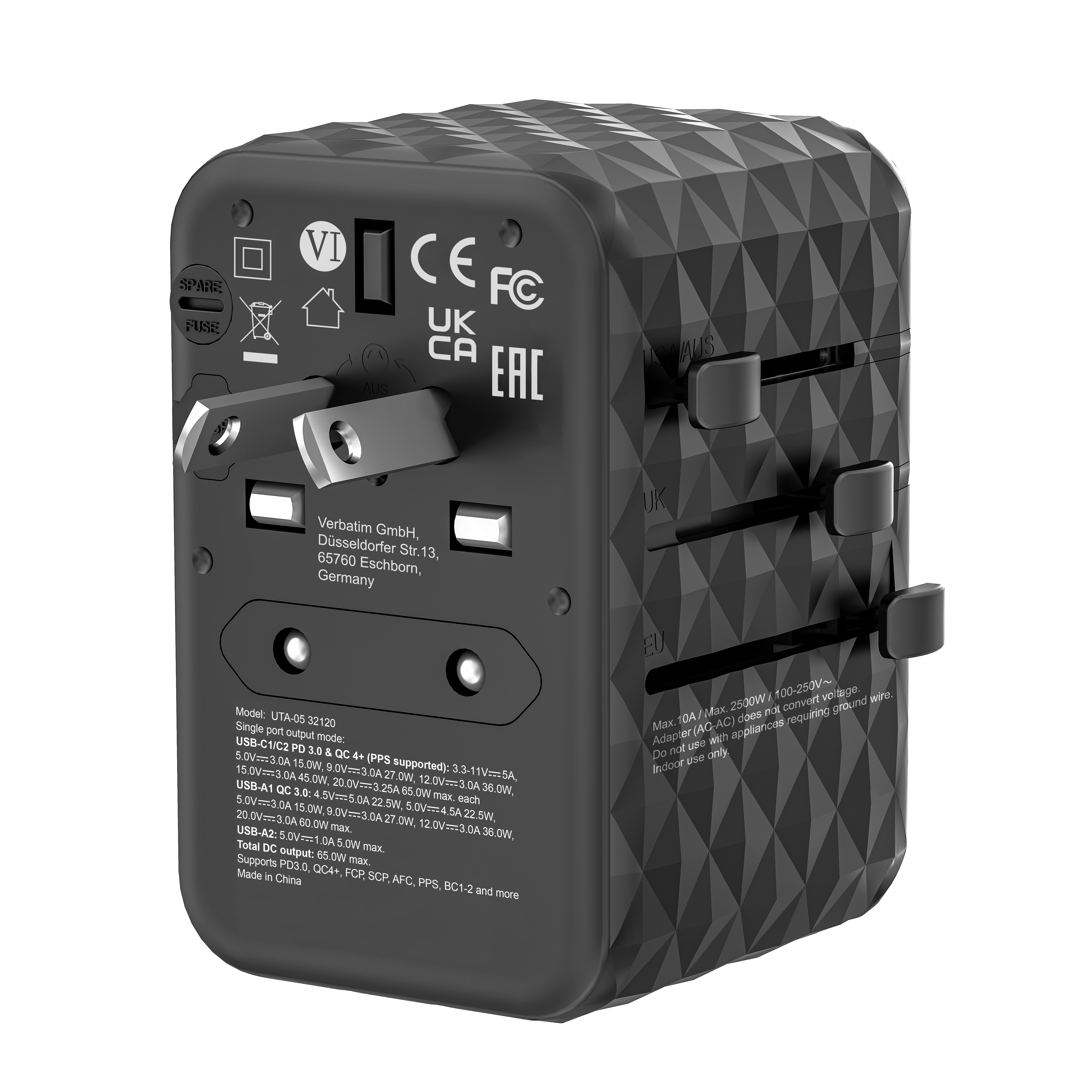 Verbatim UTA-05 - Netzteil - GaN III, universal - 65 Watt - 5 A - Apple Fast Charge, Fast Charge, PD 3.0, QC 3.0, QC 4+, Ansicht 2