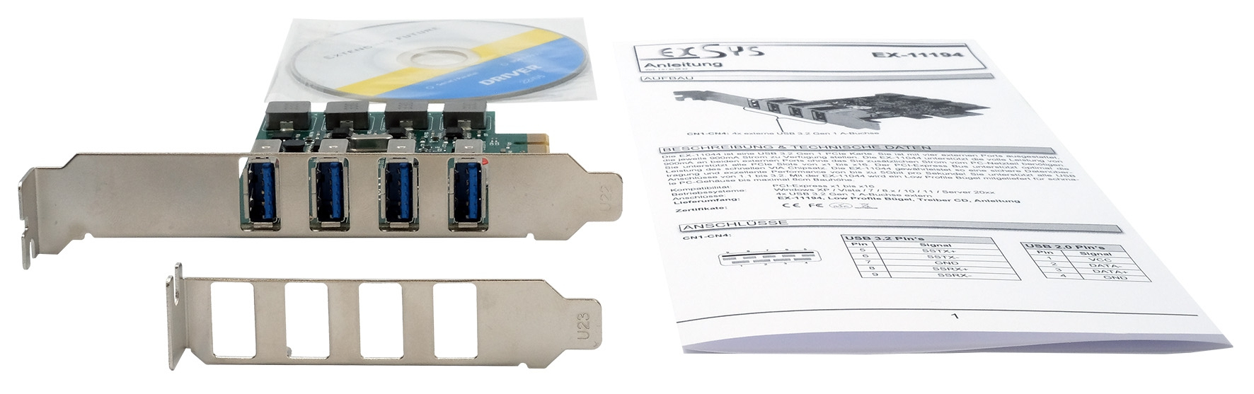 Exsys EX-11194 4-Port USB 3.2 Gen 1 PCIe Karte - PCI-Express, Ansicht 3