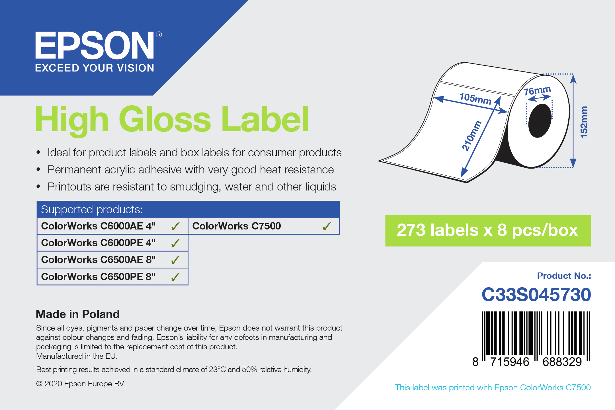 Epson Hochglänzend - permanenter Acrylklebstoff - 105 x 210 mm 273 Etikett(en) (1 Rolle(n), Ansicht 2