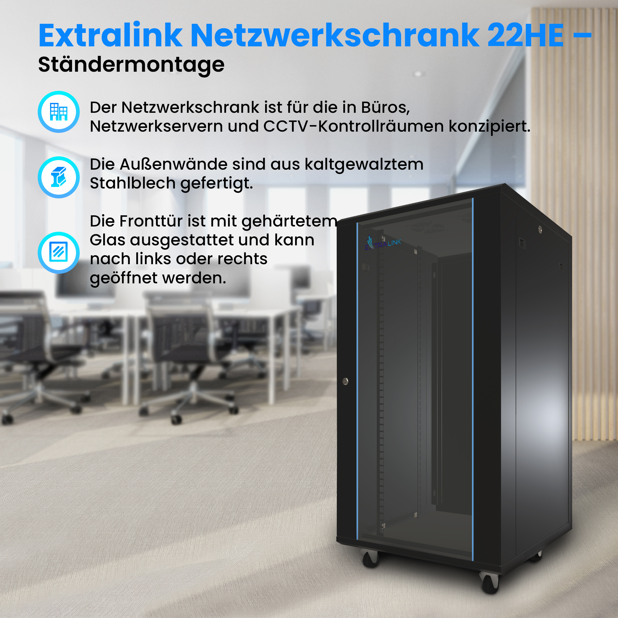 Extralink EX.14381 - Freistehendes Gestell - 22U - 600 kg - Sperrschloss - Ablageschienen - Verstellbare Füße, Ansicht 3