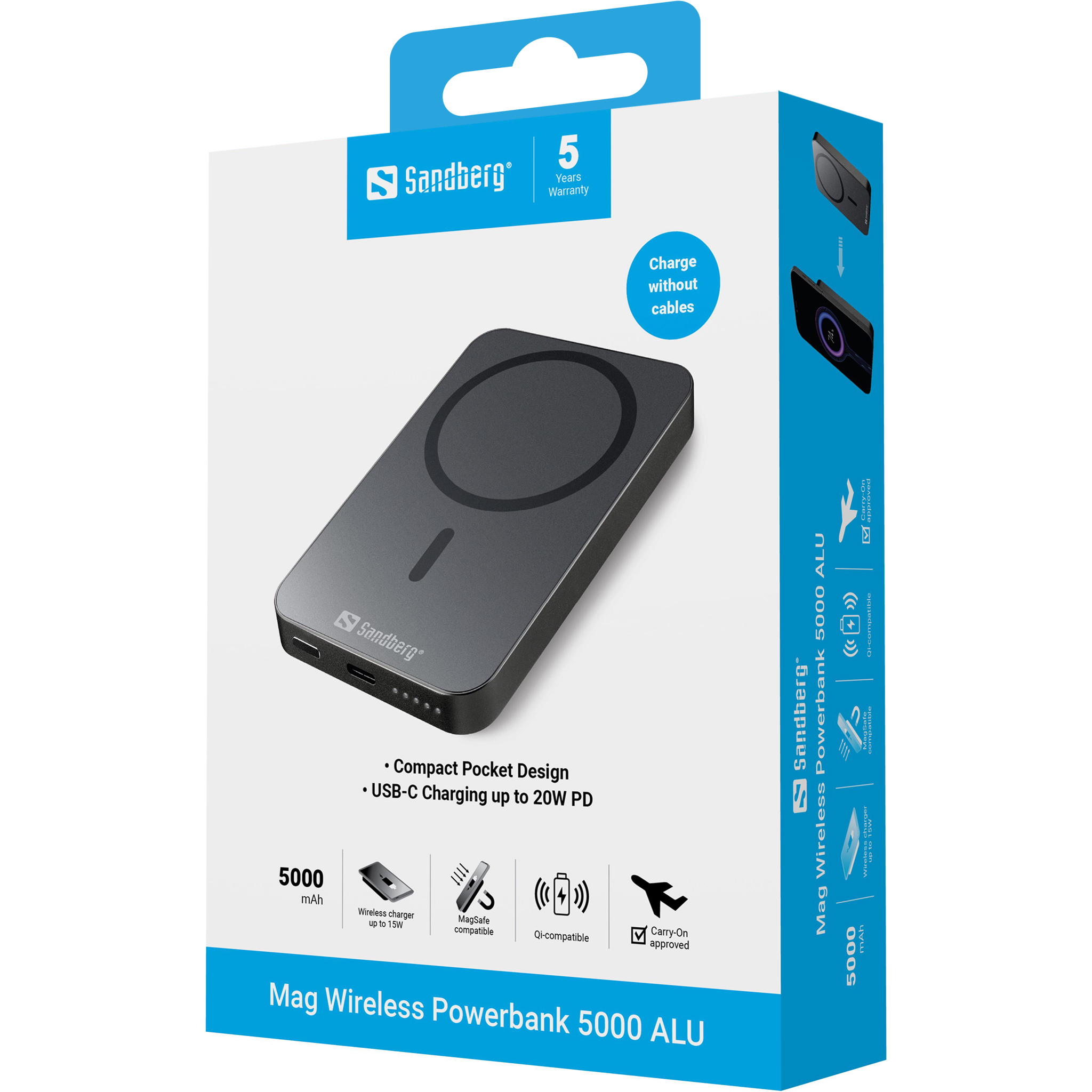 SANDBERG 5000 ALU - Induktive Power Bank - Li - 5000 mAh - 19.25 Wh - 20 Watt - 3 A (24 pin USB-C), Ansicht 2