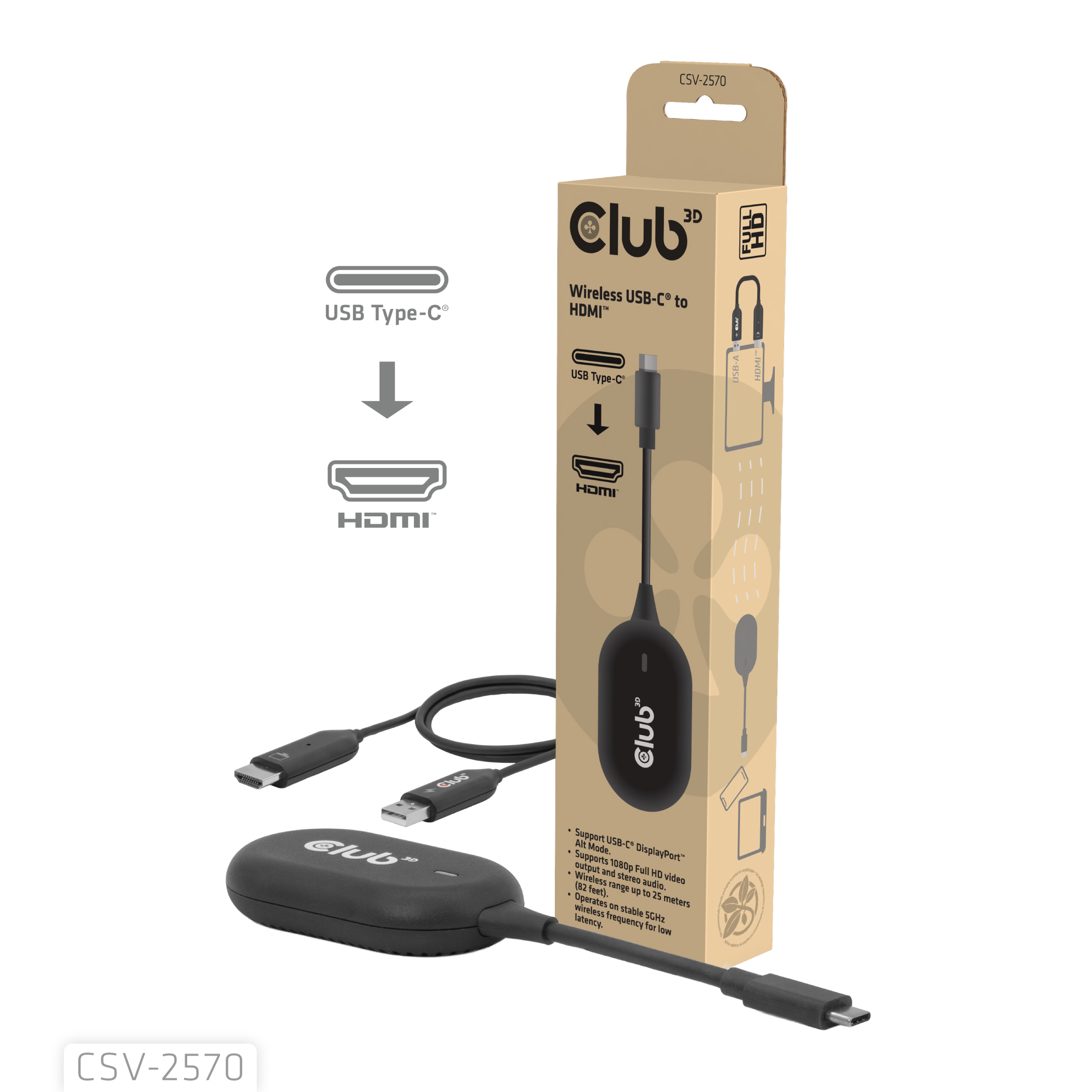 Club 3D Wireless USB-C> HDMI Streaming Kit Full-HD 25m - Schnittstellenkarte, Ansicht 2