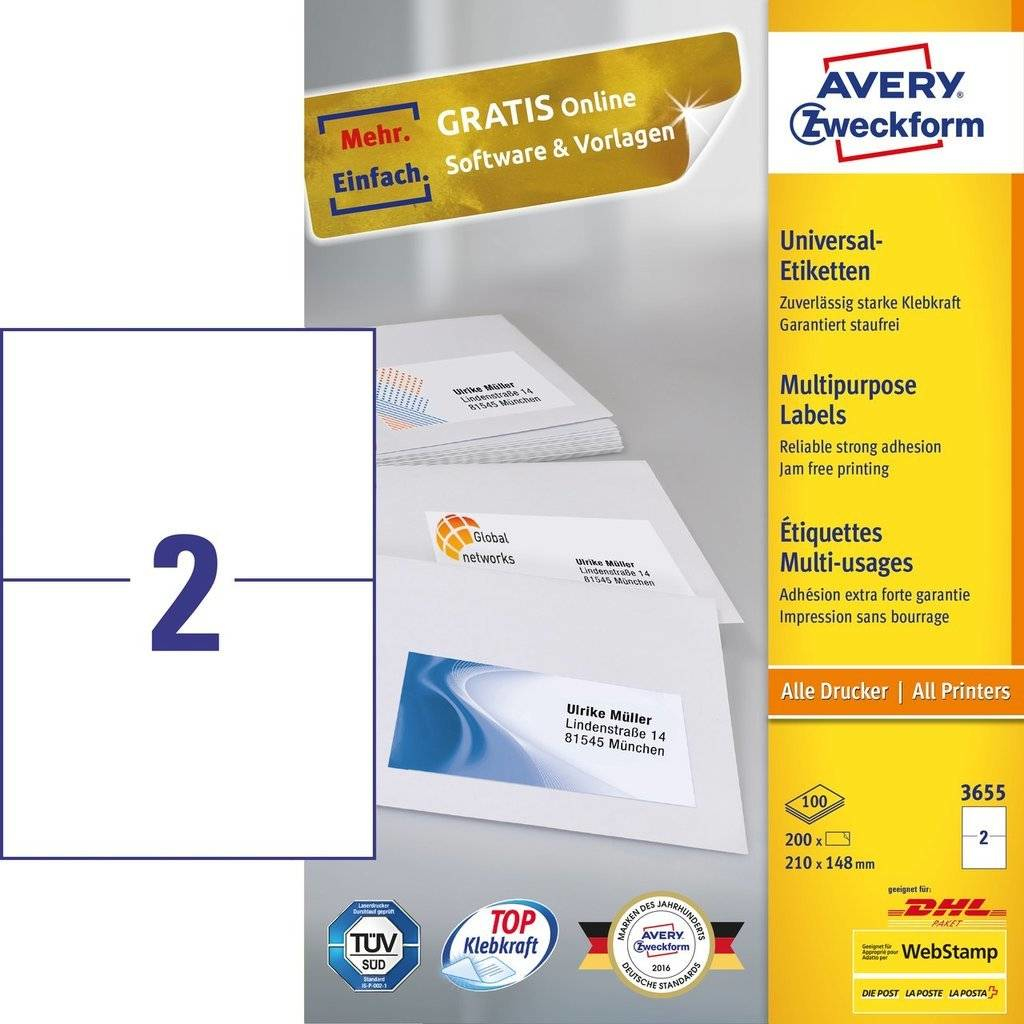 Avery Zweckform Avery - Weiß - 210 x 148 mm 200 Etikett(en) (100 Bogen x 2), Ansicht 4