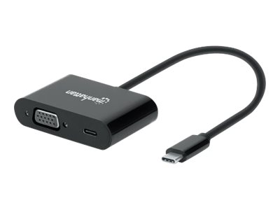 Manhattan USB-C to VGA and USB-C (inc Power Delivery), 1080p@60Hz, 19.5cm, Black, Power Delivery to USB-C Port (60W)