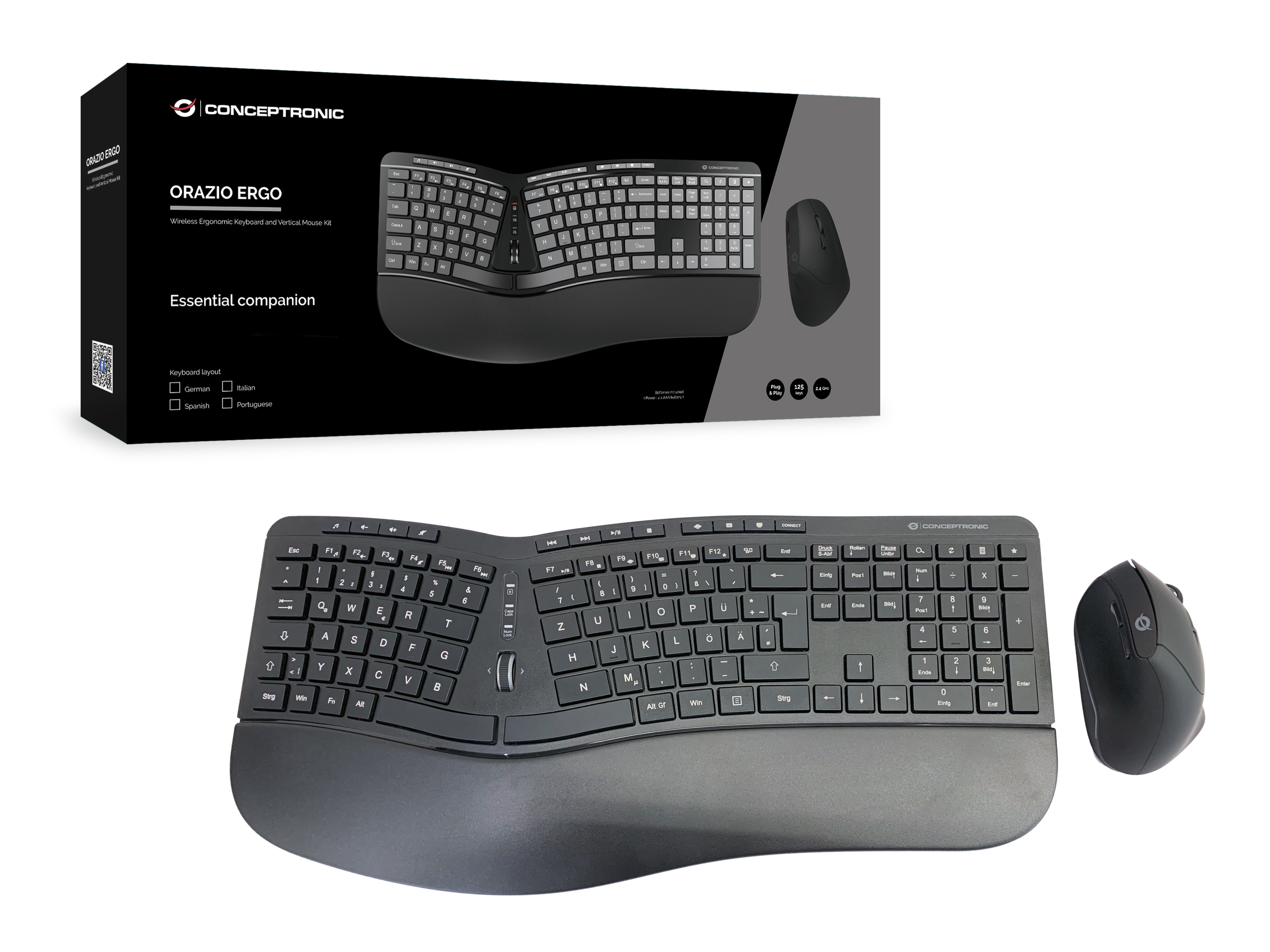 Conceptronic ORAZIO ERGO Kabelloses Set aus ergonomischer Tastatur und vertikaler Maus - TL: Deutsch, QWERTZ, Ansicht 2