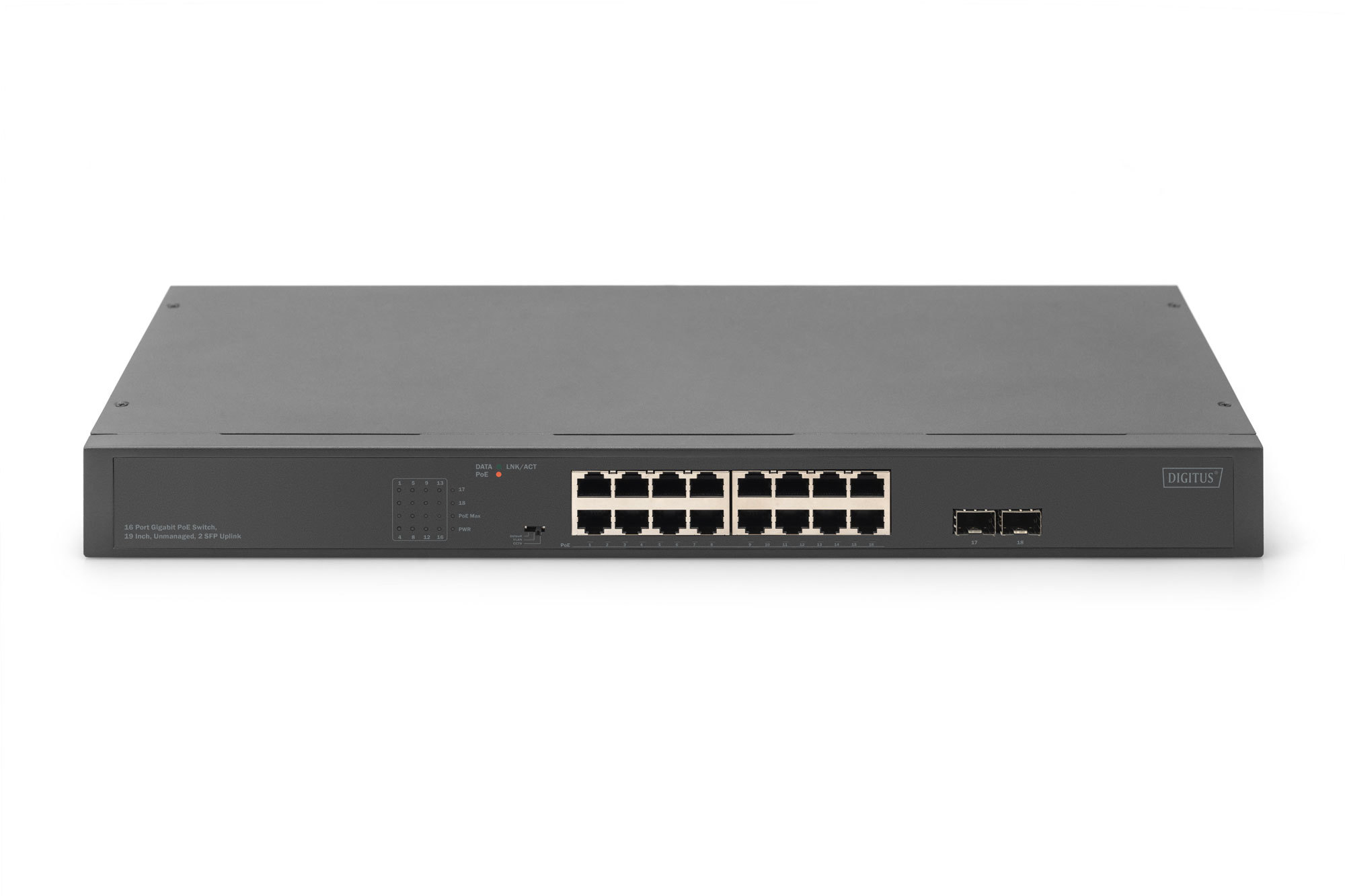DIGITUS 16-Port Gigabit Netzwerkswitch, 19 Zoll, unmanaged, 2 Uplink Ports, SFP, Ansicht 2