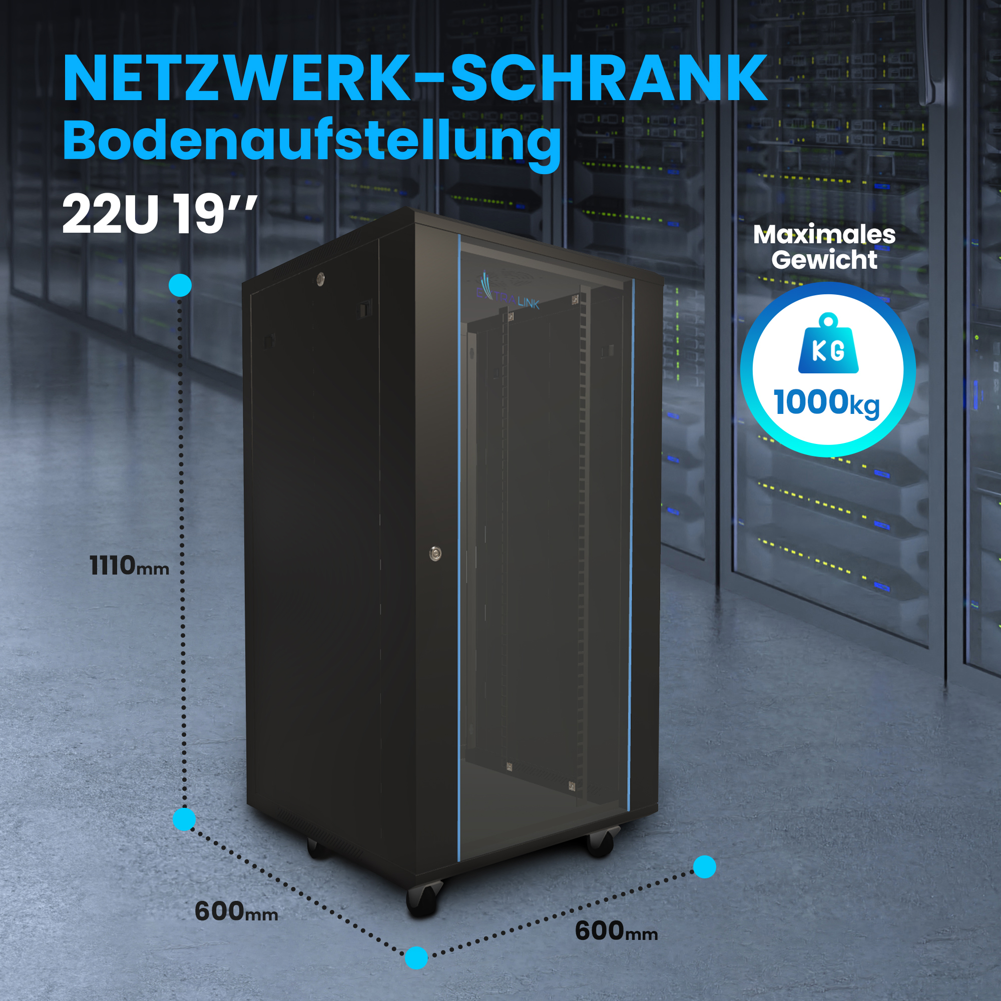 Extralink EX.14381 - Freistehendes Gestell - 22U - 600 kg - Sperrschloss - Ablageschienen - Verstellbare Füße, Ansicht 4
