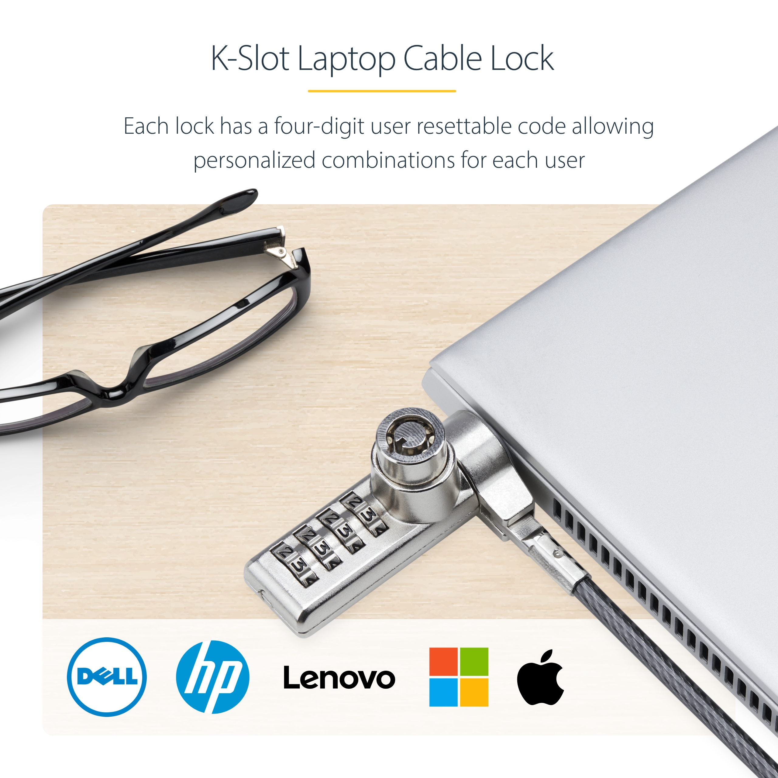 StarTech.com 2m Doppelzugriff Laptopschloss, Kabelschloss, K-Slot - schwarz & silber - (10er Pack), Ansicht 2