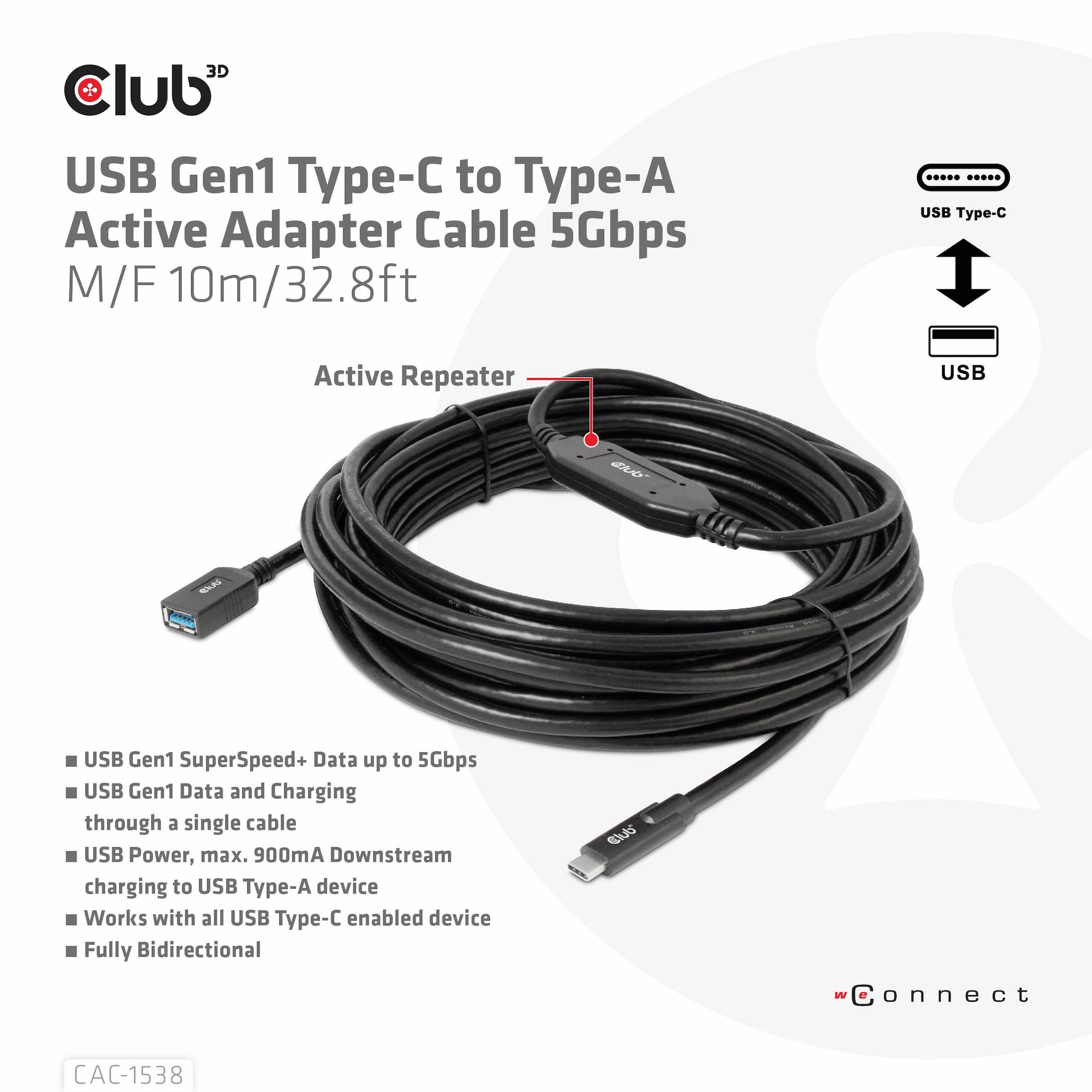 Club 3D USB-Kabel - 24 pin USB-C (M) zu USB Typ A (W), Ansicht 3