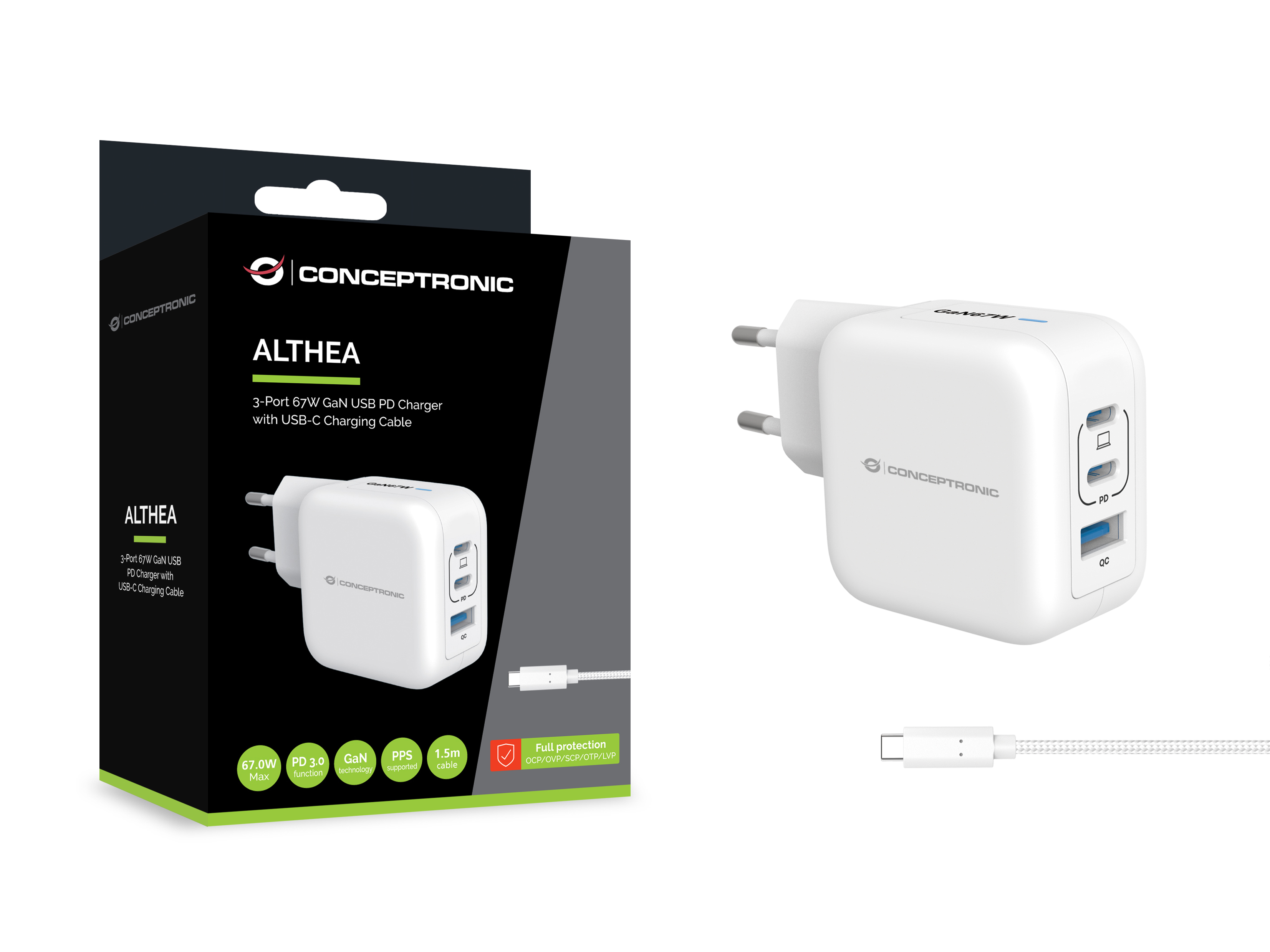 Conceptronic Ladegerät 3Port 67W 2xUSB-C 1xUSB-a+3-in-1 ws, Ansicht 3