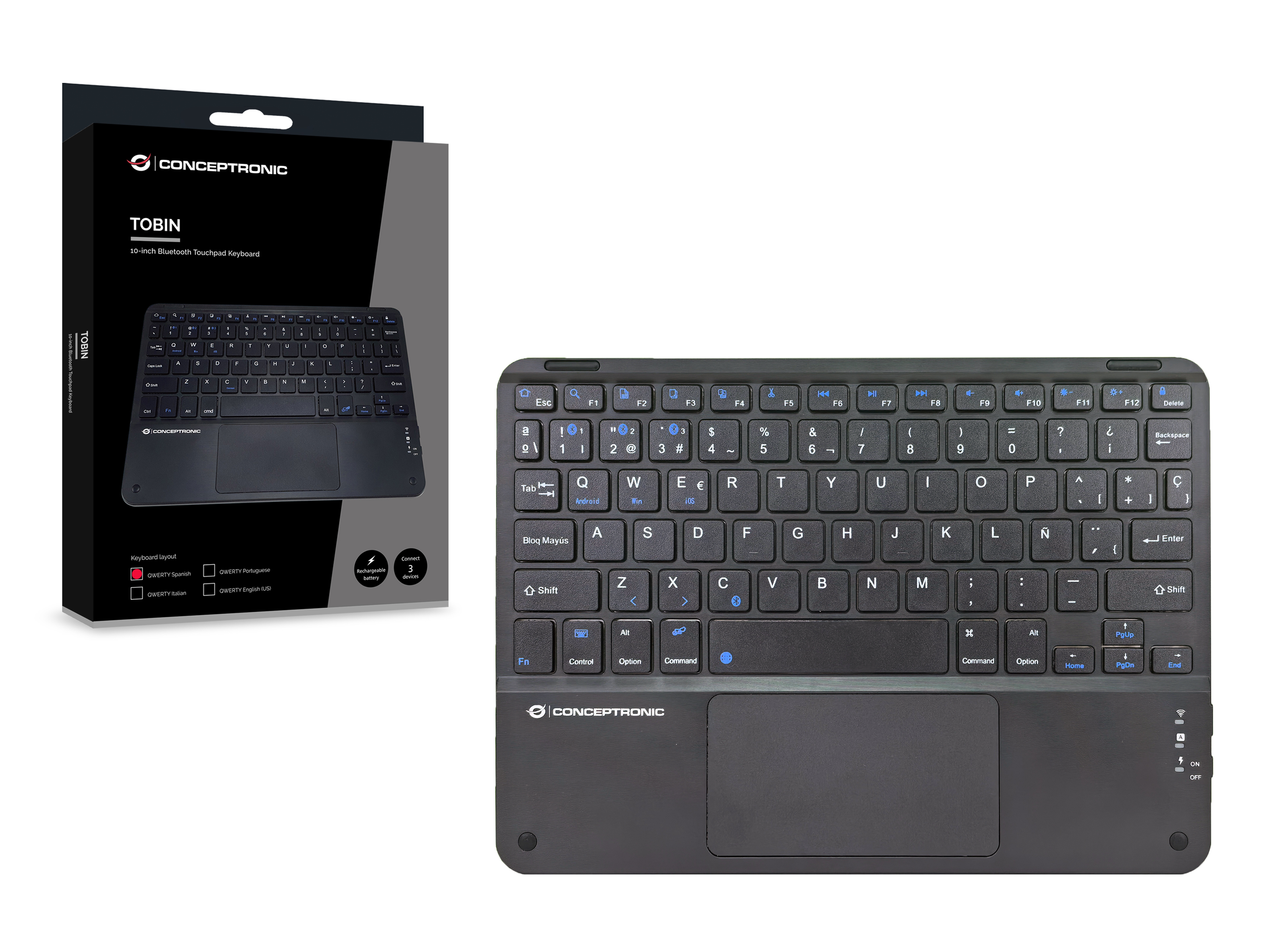 Conceptronic Wireless Tastatur 10 schwarz - Tastatur - TL: Spanisch, QWERTY, Ansicht 3