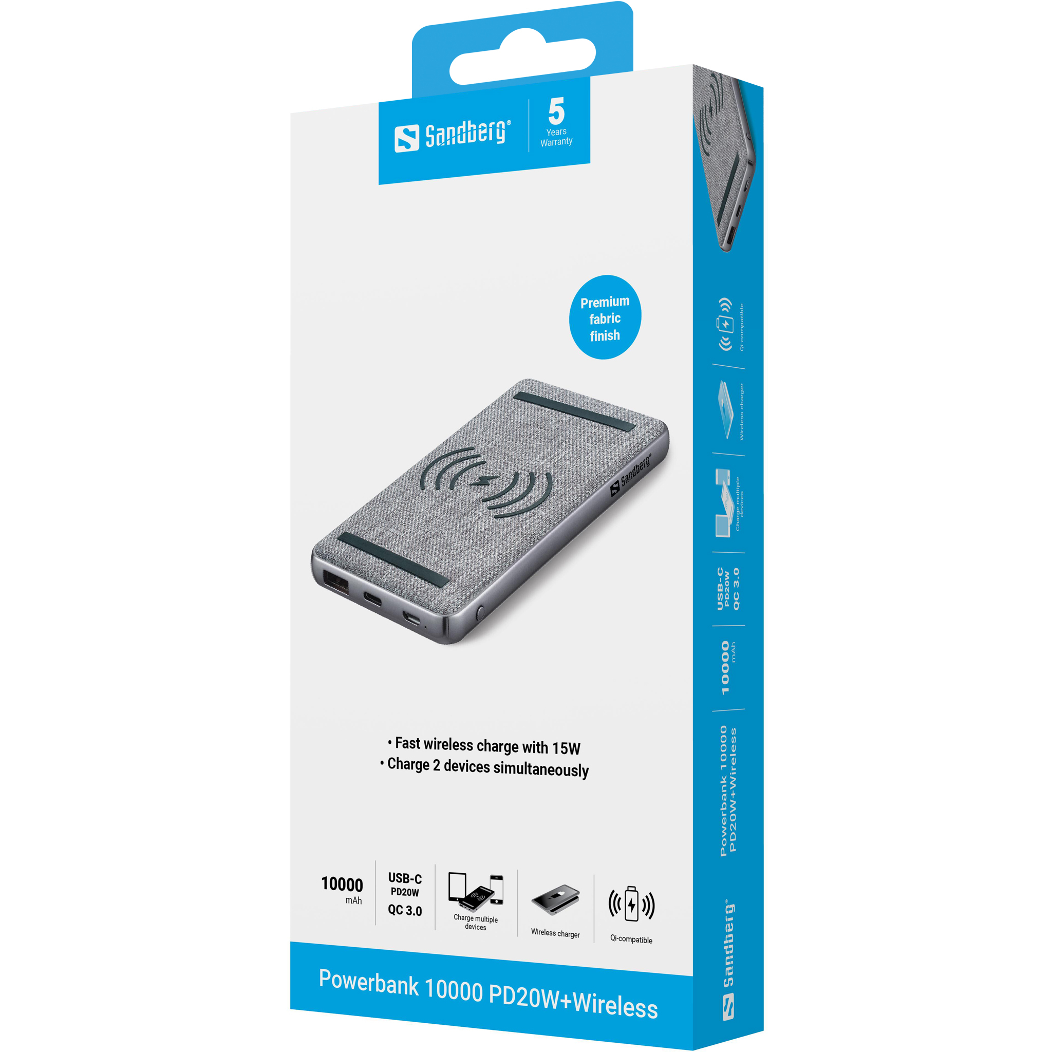 SANDBERG Induktive Power Bank - Li-Pol - 10000 mAh - 37 Wh - 3 A - PD, QC 3.0 - 2 Ausgabeanschlussstellen, Ansicht 2