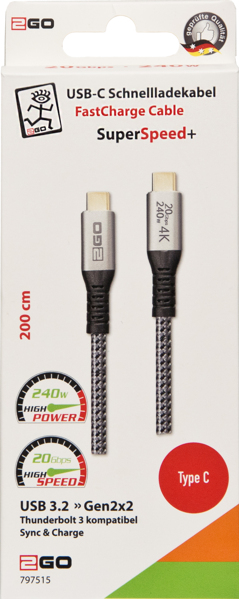 2GO Schnellladekabel USB-C 240W 20Gbps Thunderbolt - Digital/Daten, Ansicht 2