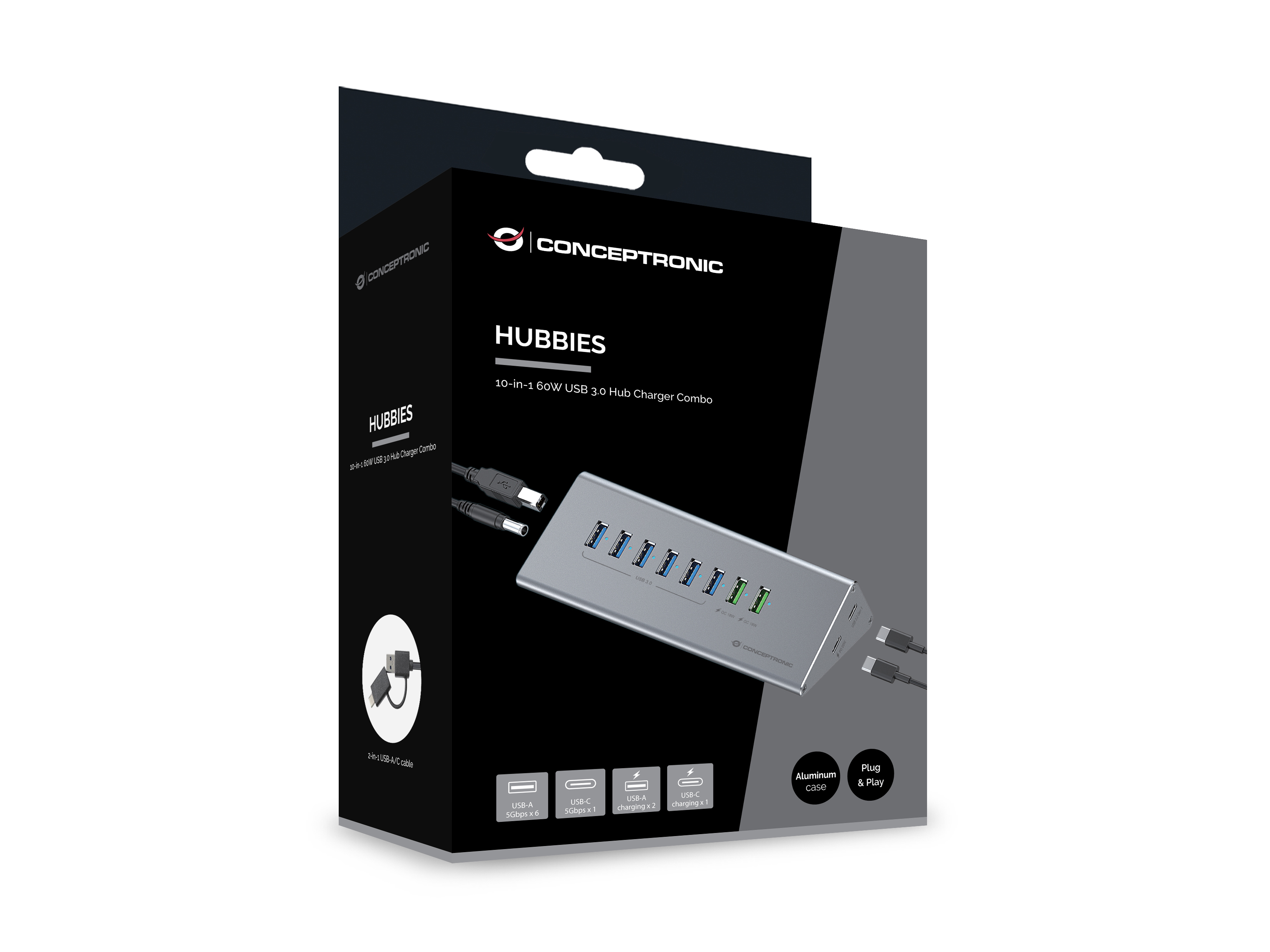 Conceptronic HUBBIES HUBBIES18G - Hub - 2-in-1 USB A/C cable, 60W, charger, PD 20W, QC 18W, Ansicht 2