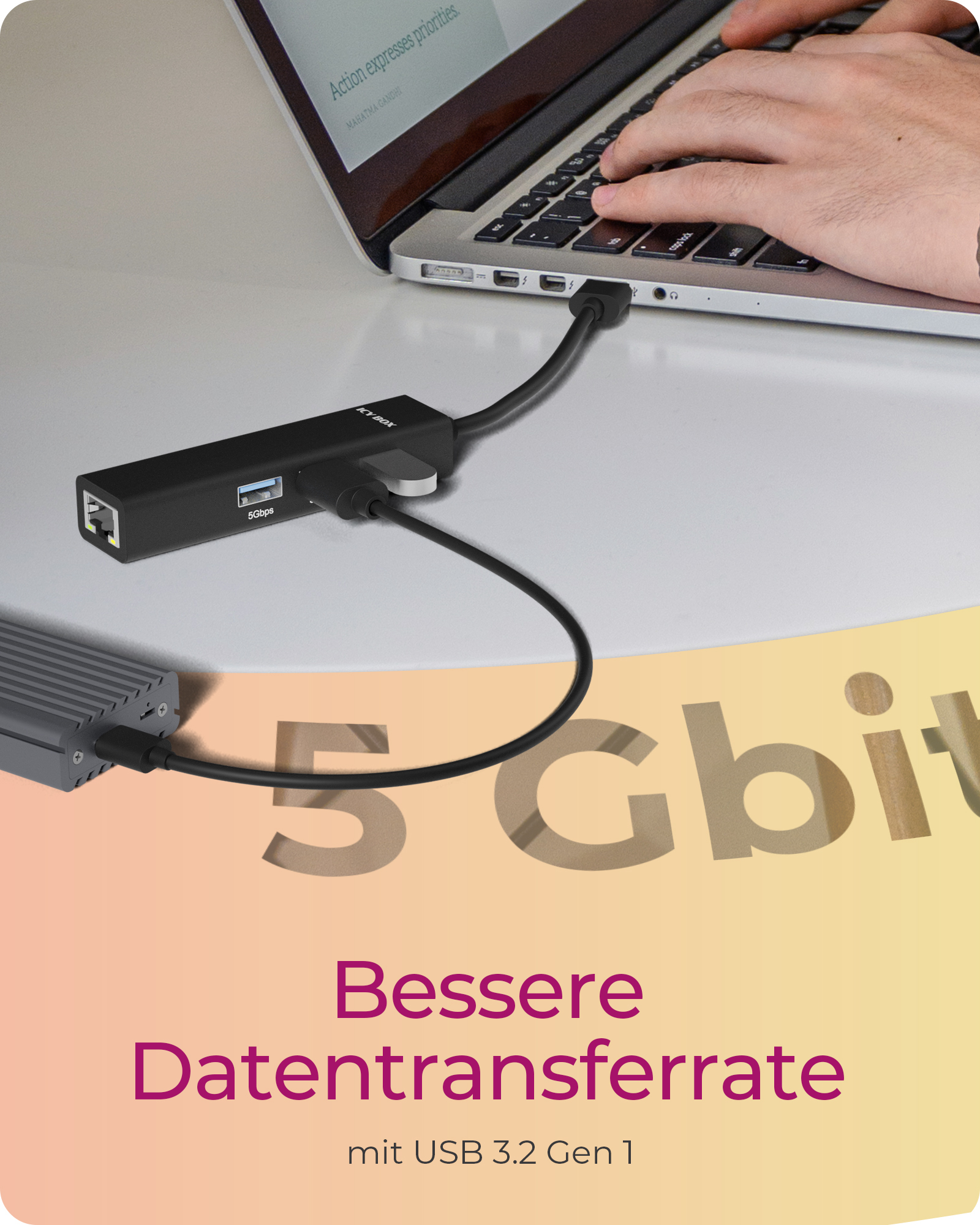 ICY BOX USB Hub 2x USB USB-C and LAN Black, Ansicht 4