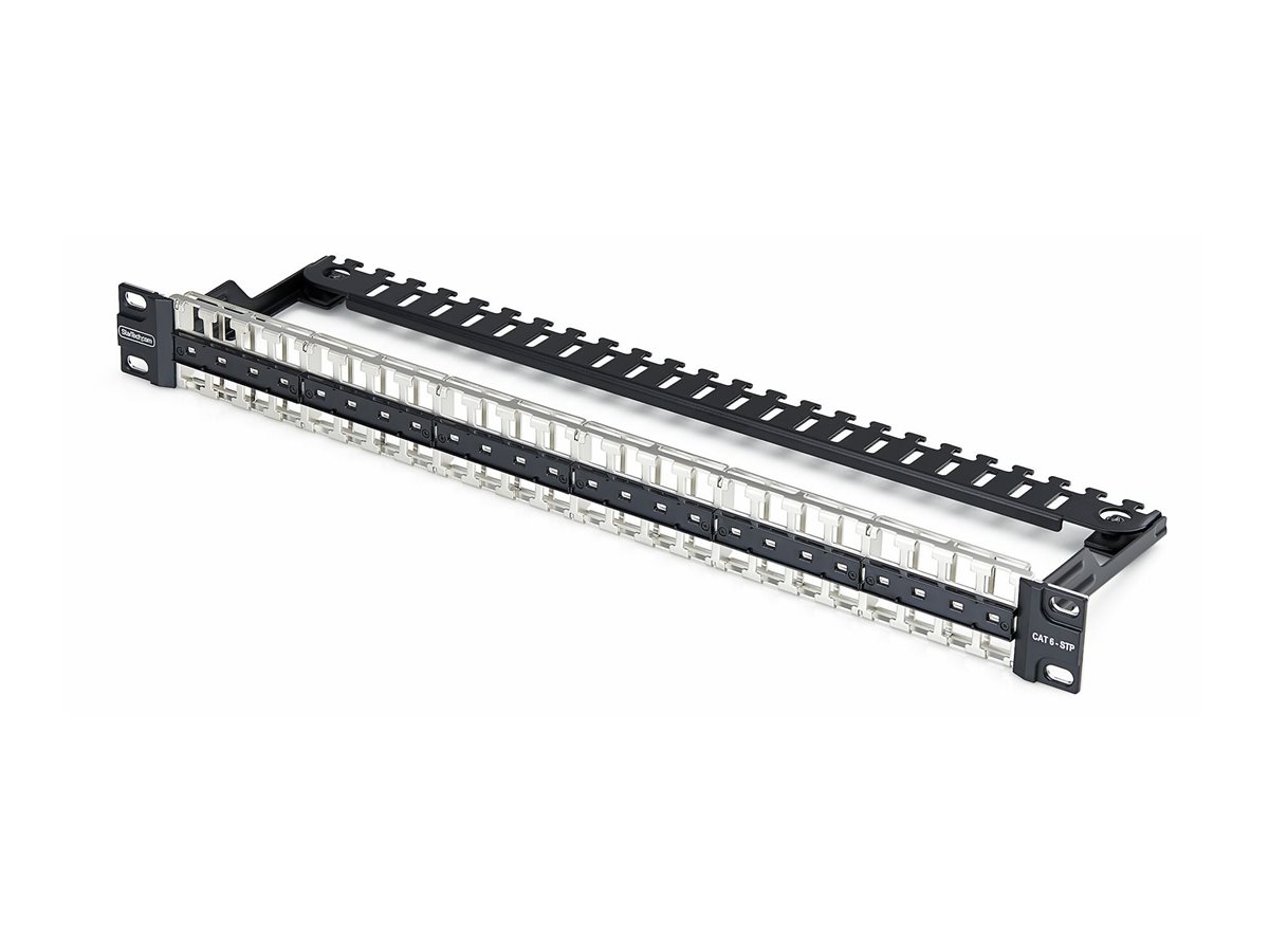 StarTech.com Startech - Leeres Keystone-Patchpanel - with cable management bar, for RJ45 - geeignet für Wandmontage, Rack montierbar - CAT 6a/8 - STP/UTP - Schwarz - 1U - 48.3 cm (19")