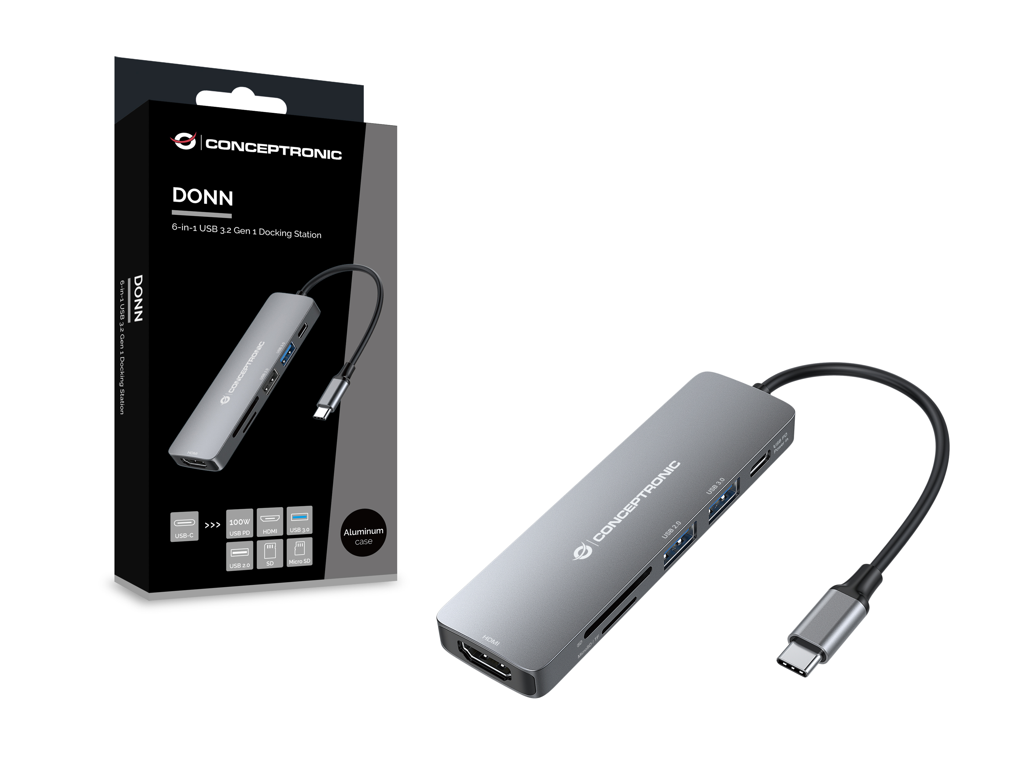 Conceptronic Dock USB-C->HDMI USB3.0/2.0 SD/TF 60WPD 0.12mgr, Ansicht 2