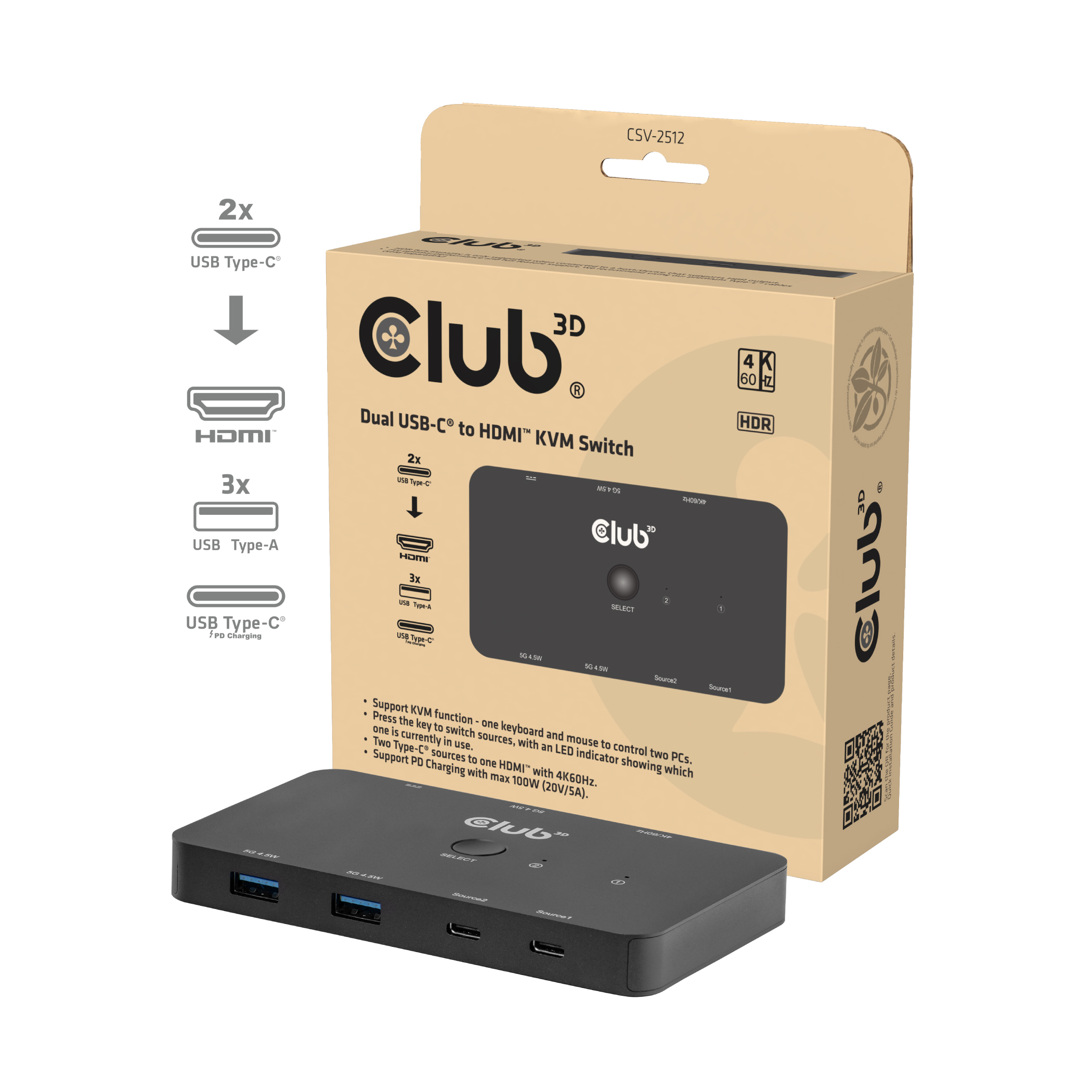 Club 3D Kvm Switch Dual Usb type C to HDMI 4K 60Hz, Ansicht 2