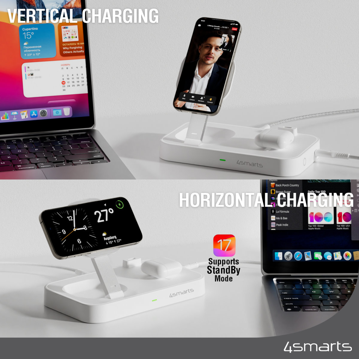 4smarts Trident - Kabelloses Ladegerät - Qi2 + AC-Netzteil - 25 Watt - 1 A - 2 Ausgabeanschlussstellen (24 pin USB-C), Ansicht 3
