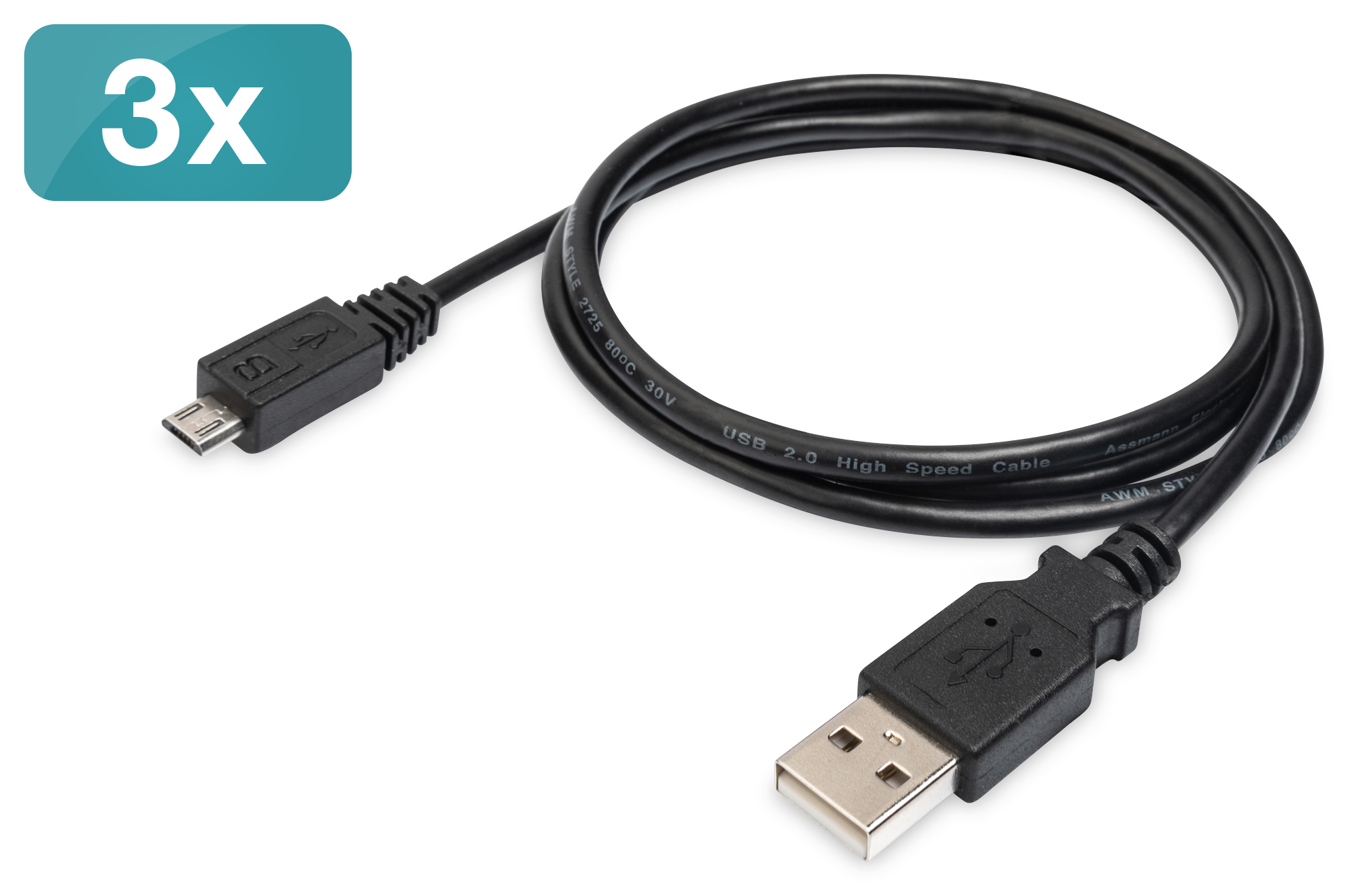 DIGITUS USB 2.0 Ladekabelset, Typ A - micro B, 1 m, USB A, Micro-USB B, USB 2.0, 0,48 Gbit/s, Schwarz