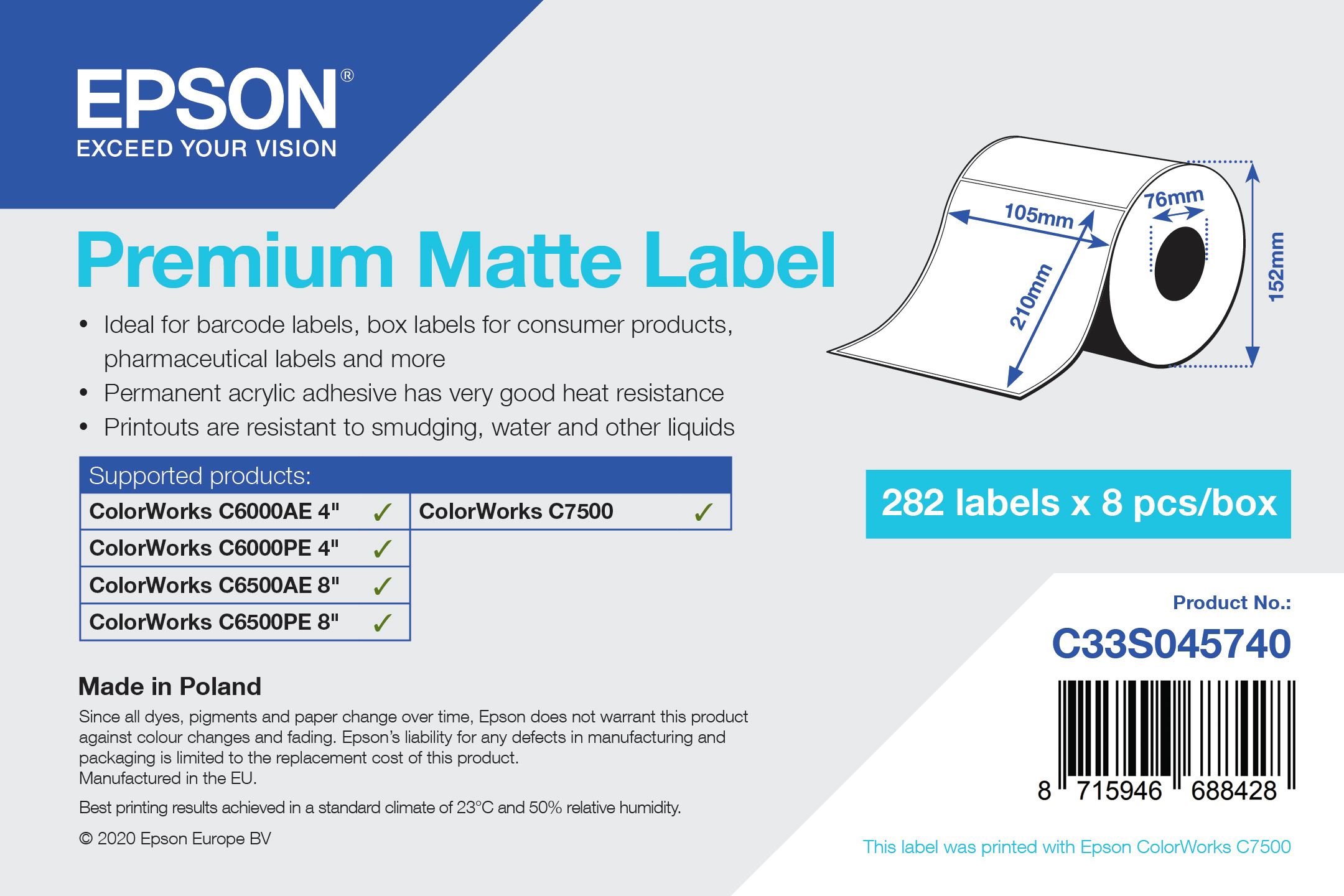 Epson Premium - Matt - permanenter Acrylklebstoff - hochweiß - 105 x 210 mm 2256 Etikett(en) (8 Rolle(n), Ansicht 2
