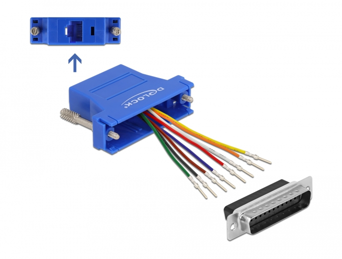 Delock D-Sub 25 Pin Stecker zu RJ45 Buchse Montagesatz blau, D-Sub 25 pin, RJ45 jack, Blau