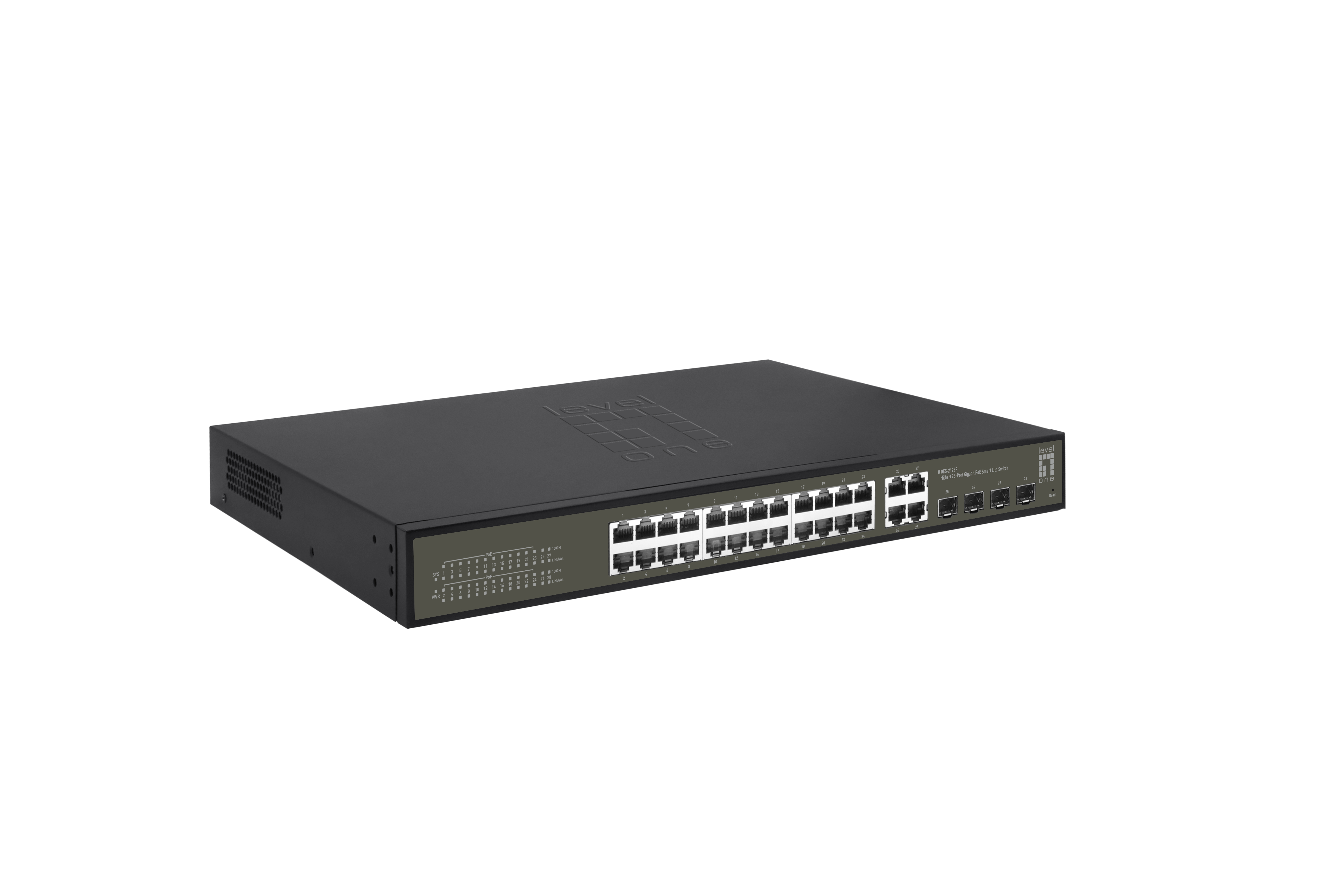 LevelOne Hilbert 28-Port Gigabit PoE Smart Lite Switch - 24 PoE Ausgänge - 4 x Gigabit SFP/RJ45 Combo - 802.3at/af PoE, Ansicht 4