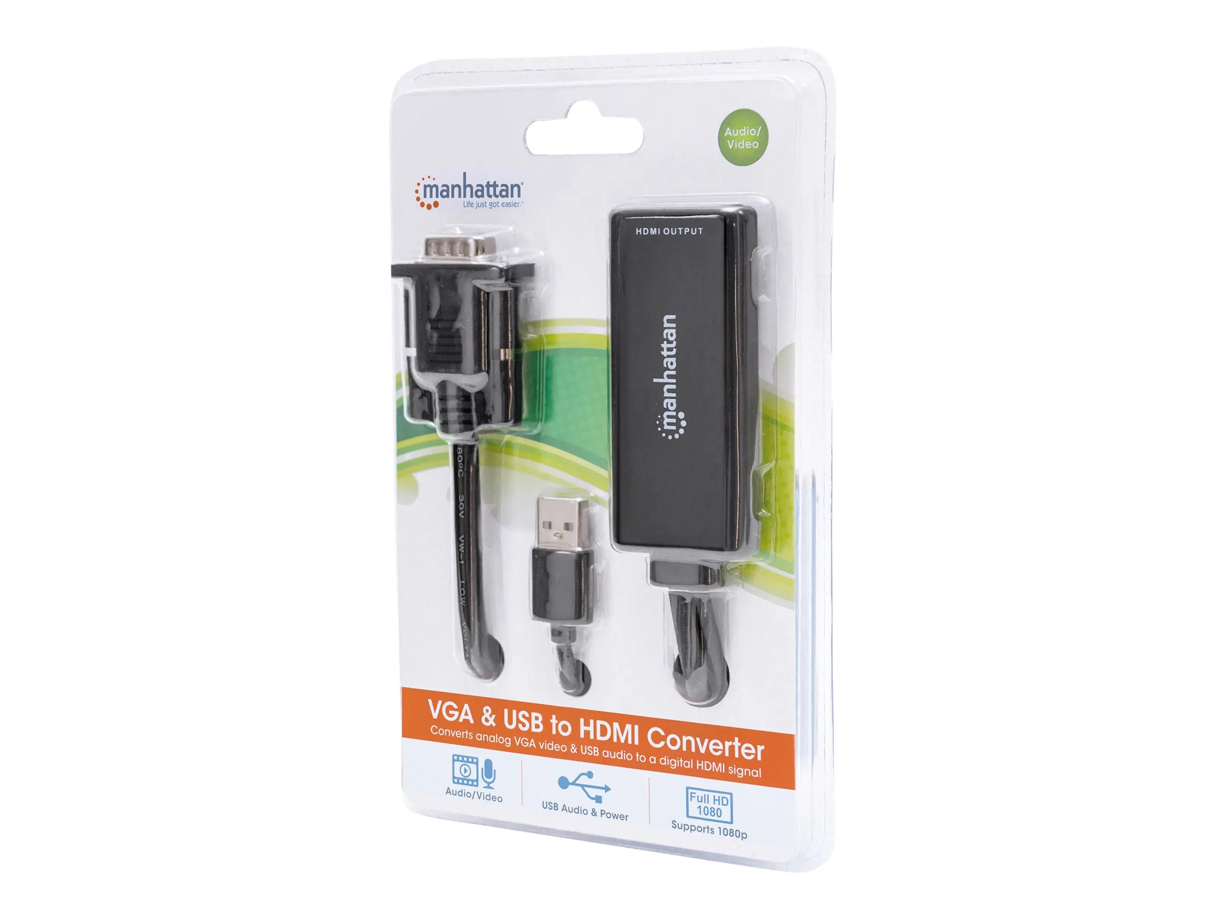 Manhattan VGA and USB-A to HDMI Converter, Analog VGA Video and USB Audio to Digital HDMI Signal, 1920x1080, 1080p@60Hz, 24-bit colour, 1.65 Gbps / 165 MHz, Three Year Warranty, Blister - Adapterkabel - USB, HD-15 (VGA)