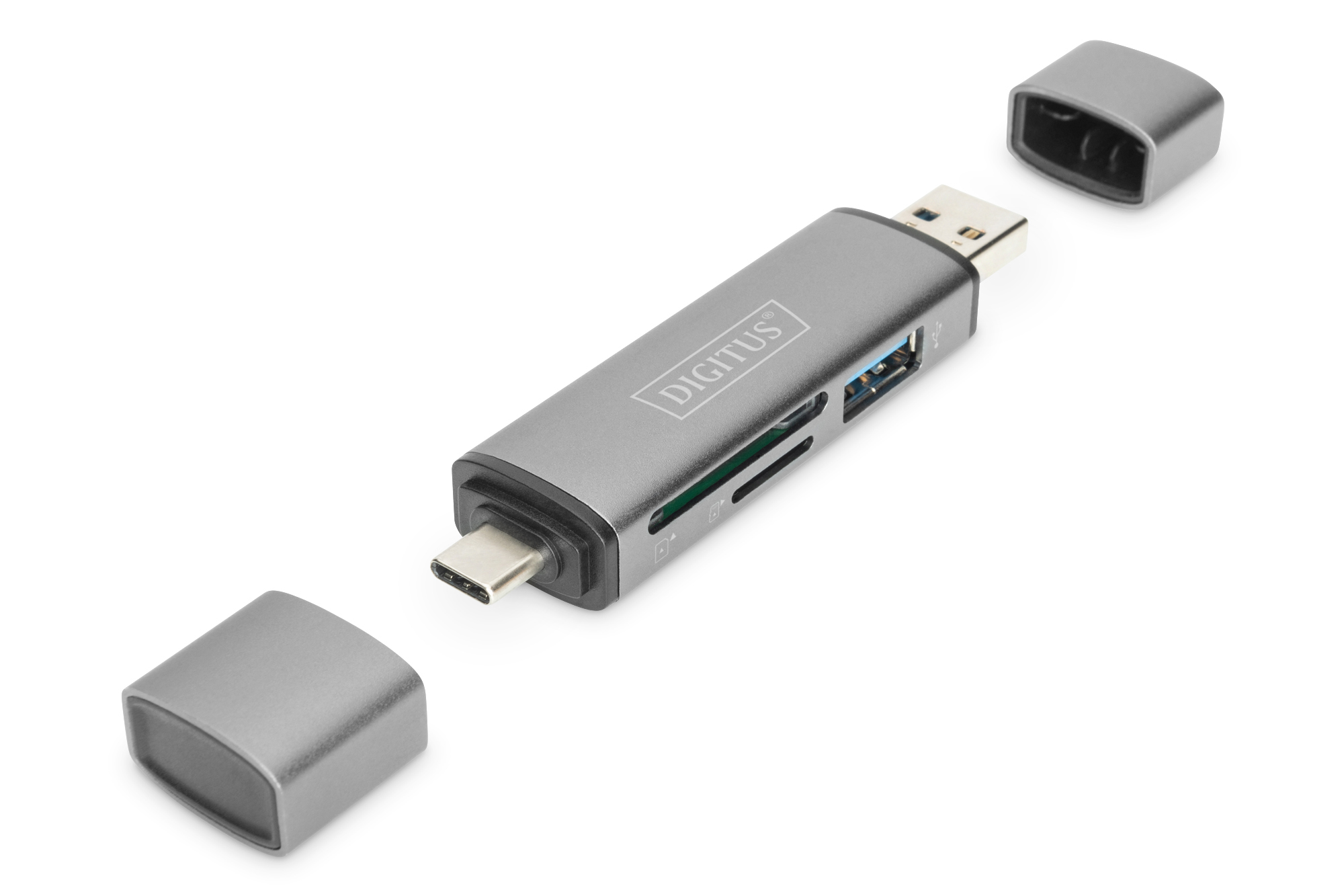 DIGITUS Dual Card Reader Hub USB-C™ / USB 3.0, OTG, MicroSD (TransFlash), SD, Aluminium, 5000 Mbit/s, Aluminium, CE, USB 3.2 Gen 1 (3.1 Gen 1) Type-A/Type-C