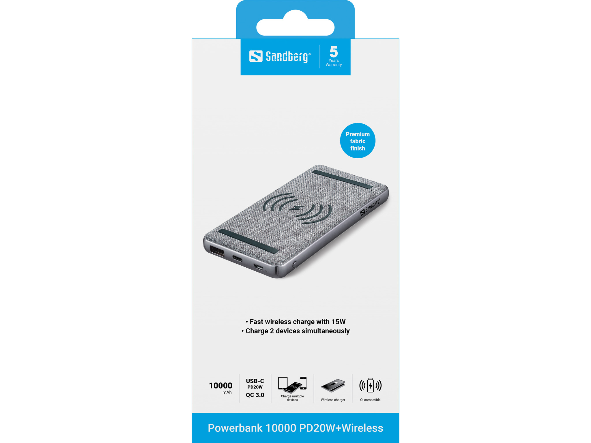 SANDBERG Induktive Power Bank - Li-Pol - 10000 mAh - 37 Wh - 3 A - PD, QC 3.0 - 2 Ausgabeanschlussstellen, Ansicht 3