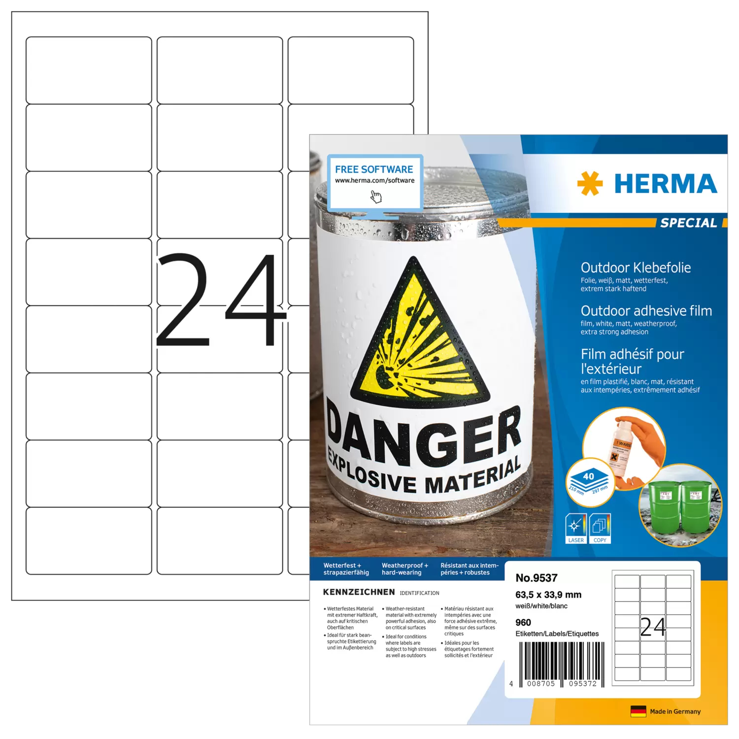 HERMA Special - Polyethylen (PE) - matt - extrem stark haftend - weiß - 63.5 x 33.9 mm 960 Etikett(en) (40 Bogen x 24), Ansicht 2