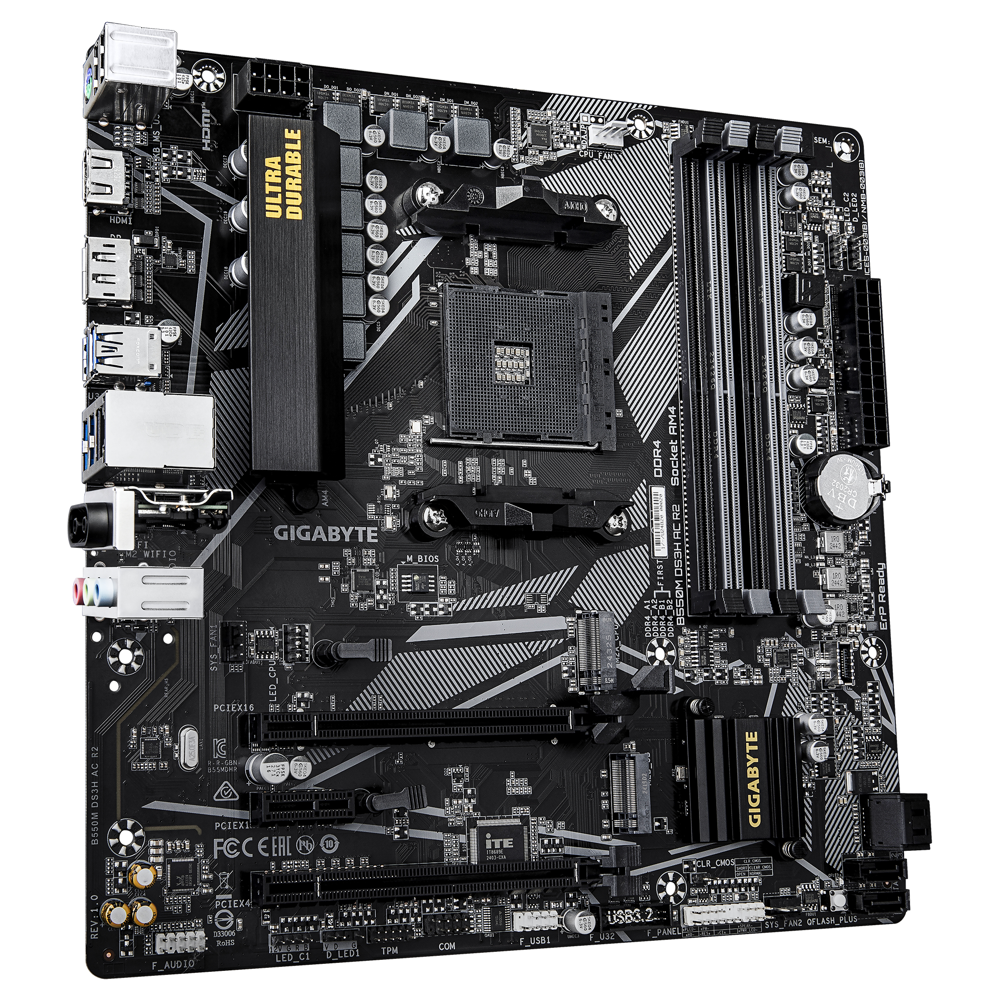 Gigabyte B550M DS3H AC R2 - Motherboard - micro ATX - Socket AM4 - AMD B550 Chipsatz - USB 3.2 Gen 1 - Onboard-Grafik, Ansicht 3