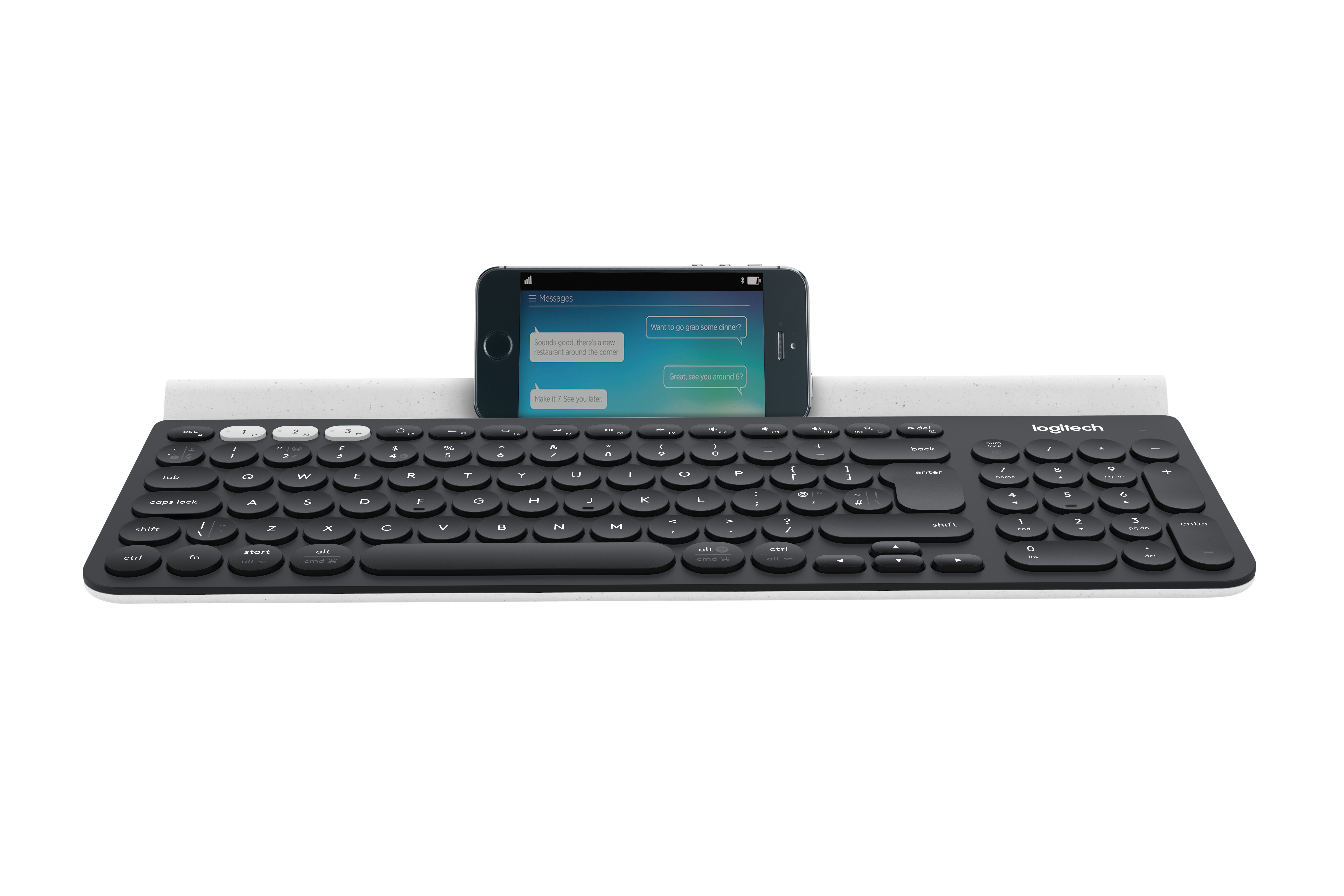 Logitech K780 Multi-Device Wireless Keyboard, Volle Größe (100%), Kabellos, RF Wireless + Bluetooth, QWERTY, Grau, Weiß