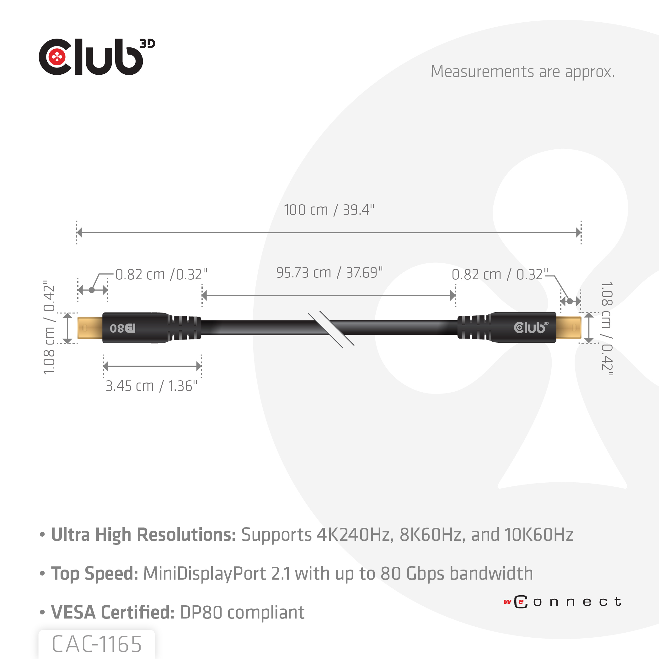 Club 3D DisplayPort-Kabel - Mini DisplayPort (M) - zu Mini DisplayPort (M) - DisplayPort 2.1 - 1 m - VESA DP80 Certified, Ansicht 3