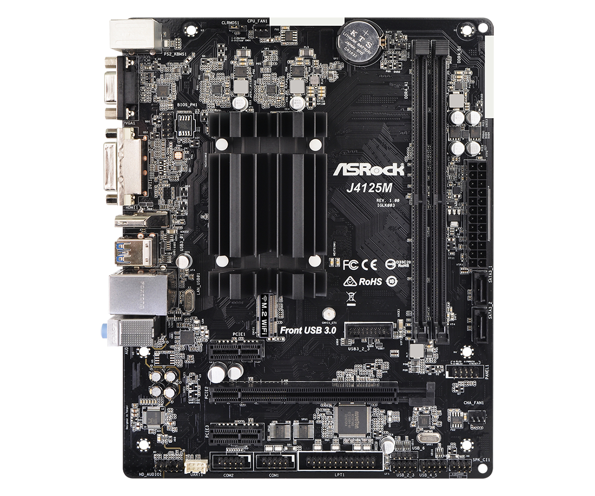 ASRock J4125M - Motherboard - micro ATX - Intel Celeron J4125 - USB 3.2 Gen 1 - Gigabit LAN - Onboard-Grafik - HD Audio (8-Kanal)